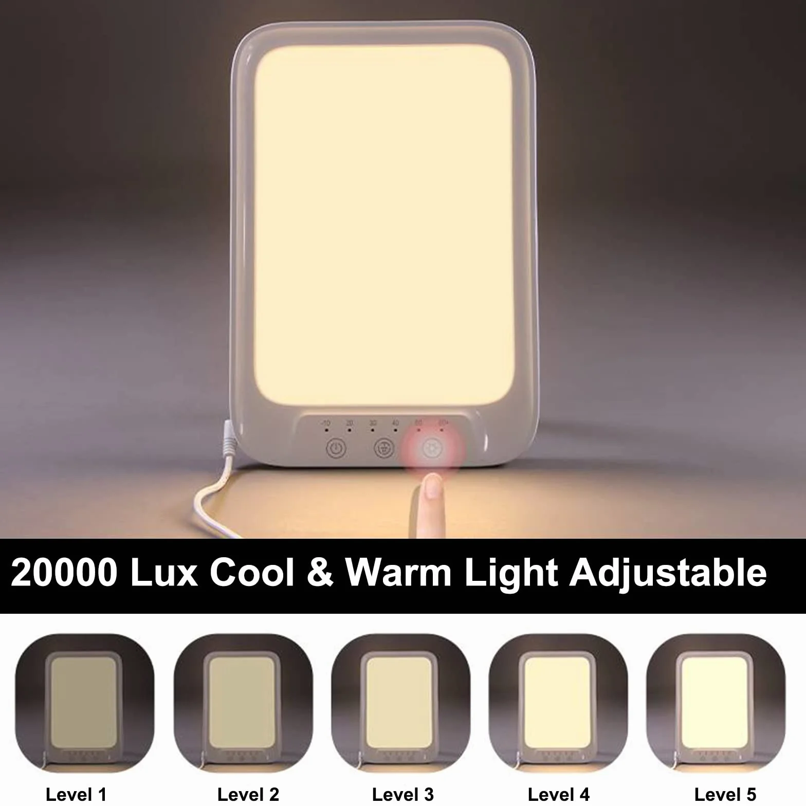 Lampe de Photothérapie LED 20000 Lux, Luminothérapie Froide et Chaude, 3 Couleurs, 5 Niveaux de Luminosité, Contrôle Tactile