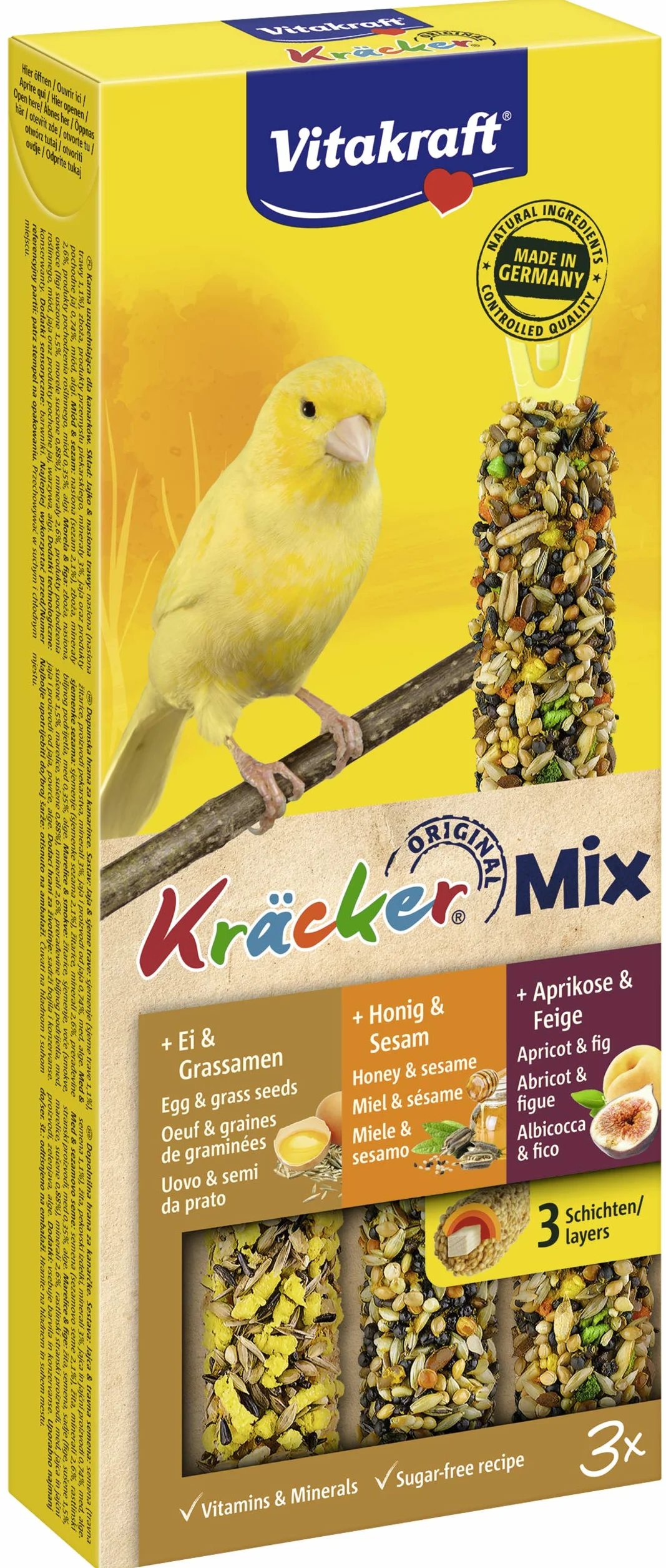 Vitakraft Kräcker Mix friandises pour oiseaux bâtonnets à l’œuf graines d’herbe abricot figue miel sésame soin du bec sans sucre ajouté 80g
