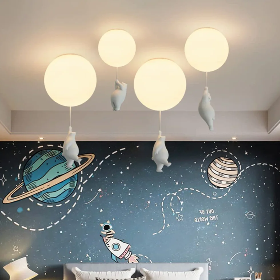 Moderne Lustre Ours Polaire Abat-Jour Givré Sphérique 15cm pour Chambre Enfants Garçon Fille