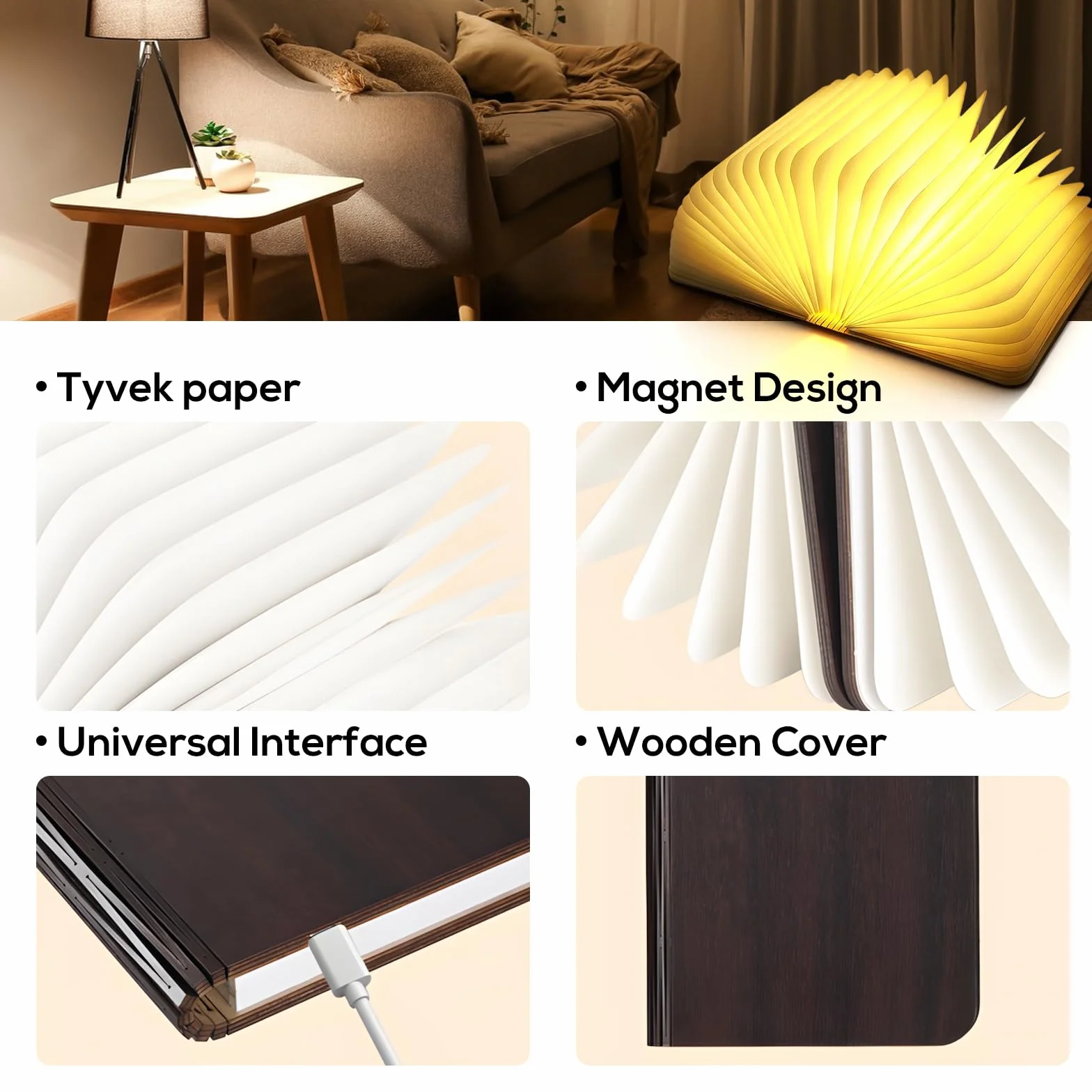 SUNOYA Lampe Livre LED Pliante en Bois, 3 Couleurs Rechargeable, Mini Lampe de Lecture Magnétique