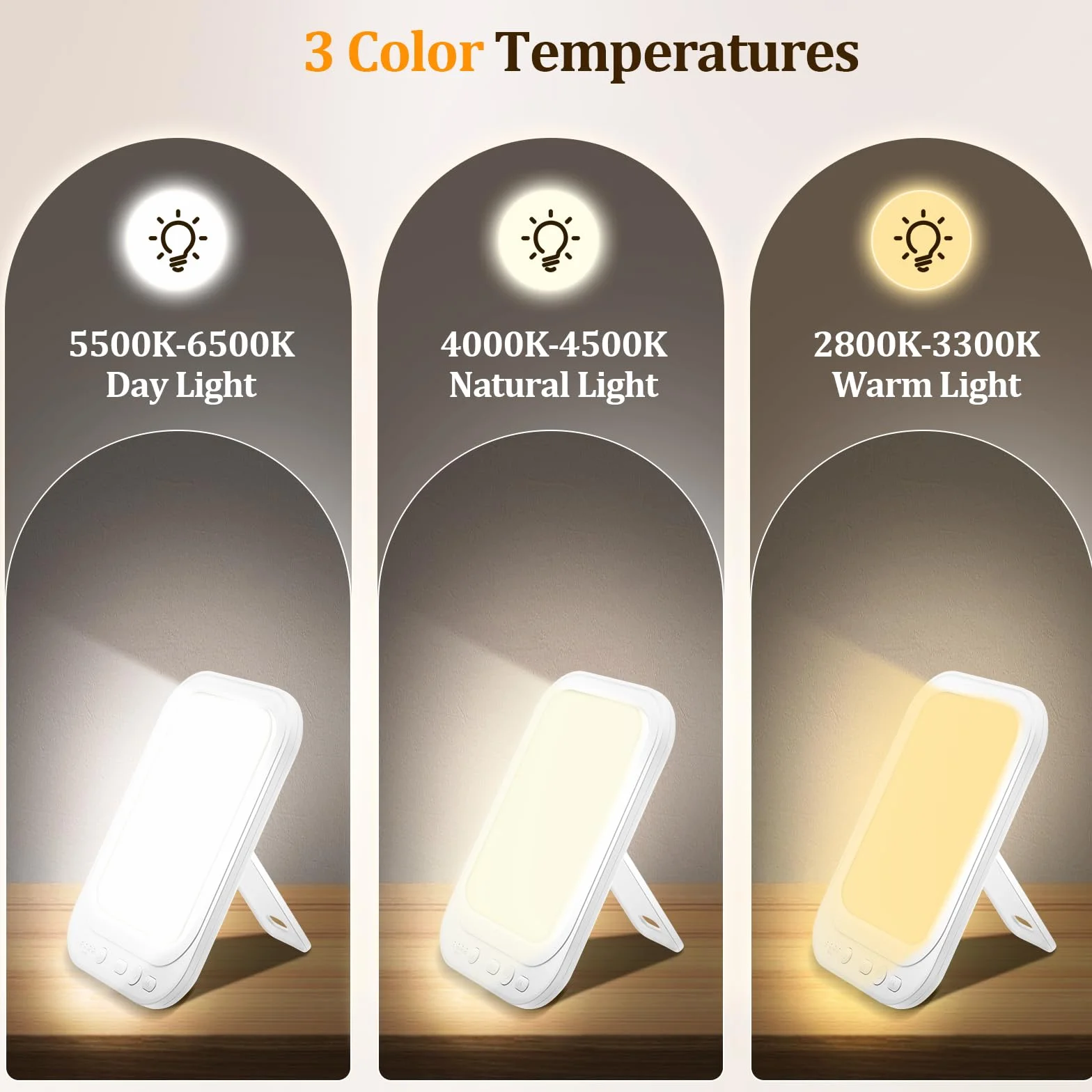 Lampe de Luminothérapie 10000 lux Simulation Lumière du Jour Sans UV 3 Températures de Couleur 5 Niveaux Luminosité Gradation Continue