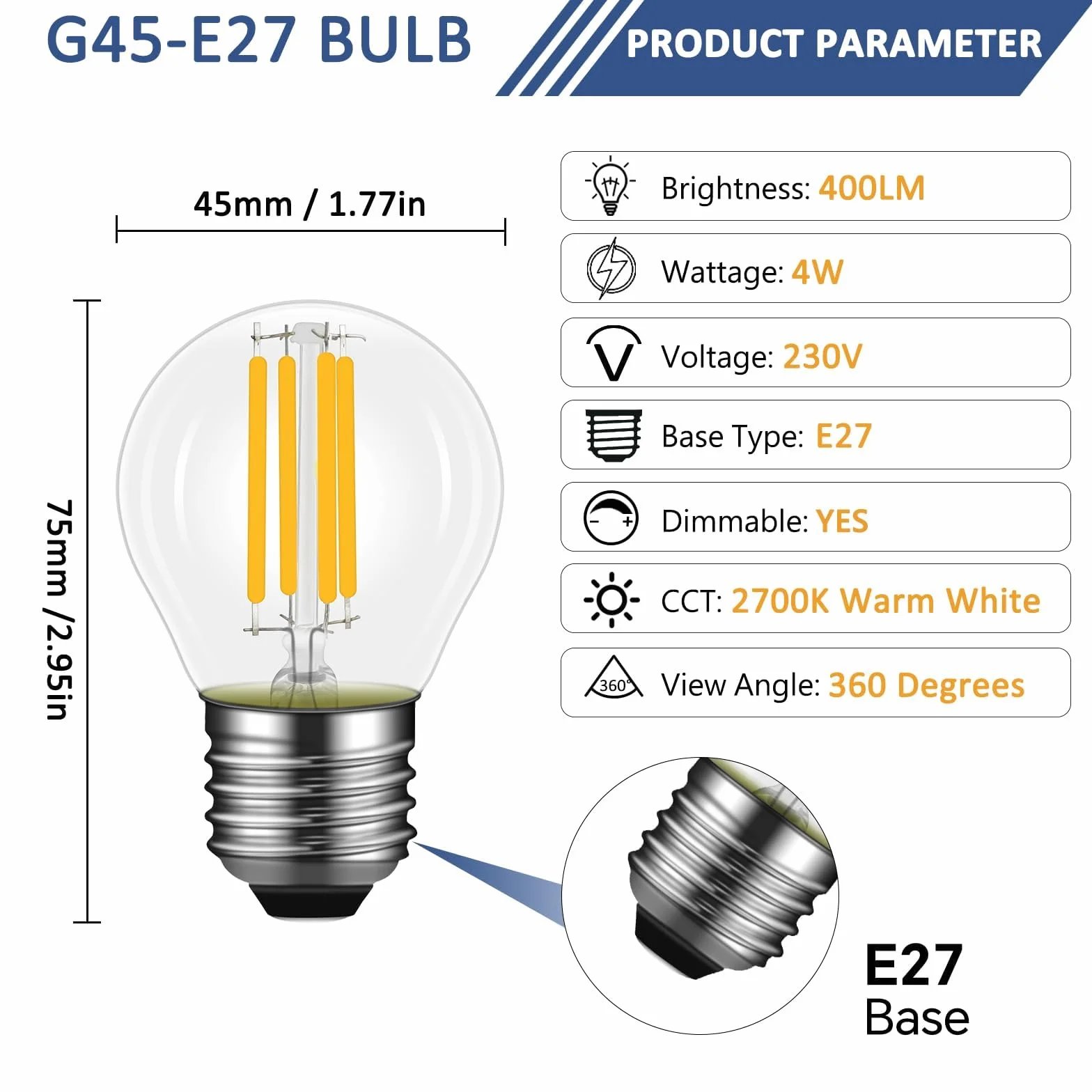 Lot de 4 Ampoule LED E27 4W Filament Dimmable Blanc Chaud 2700K 400 Lumen G45/P45 Forme Vintage