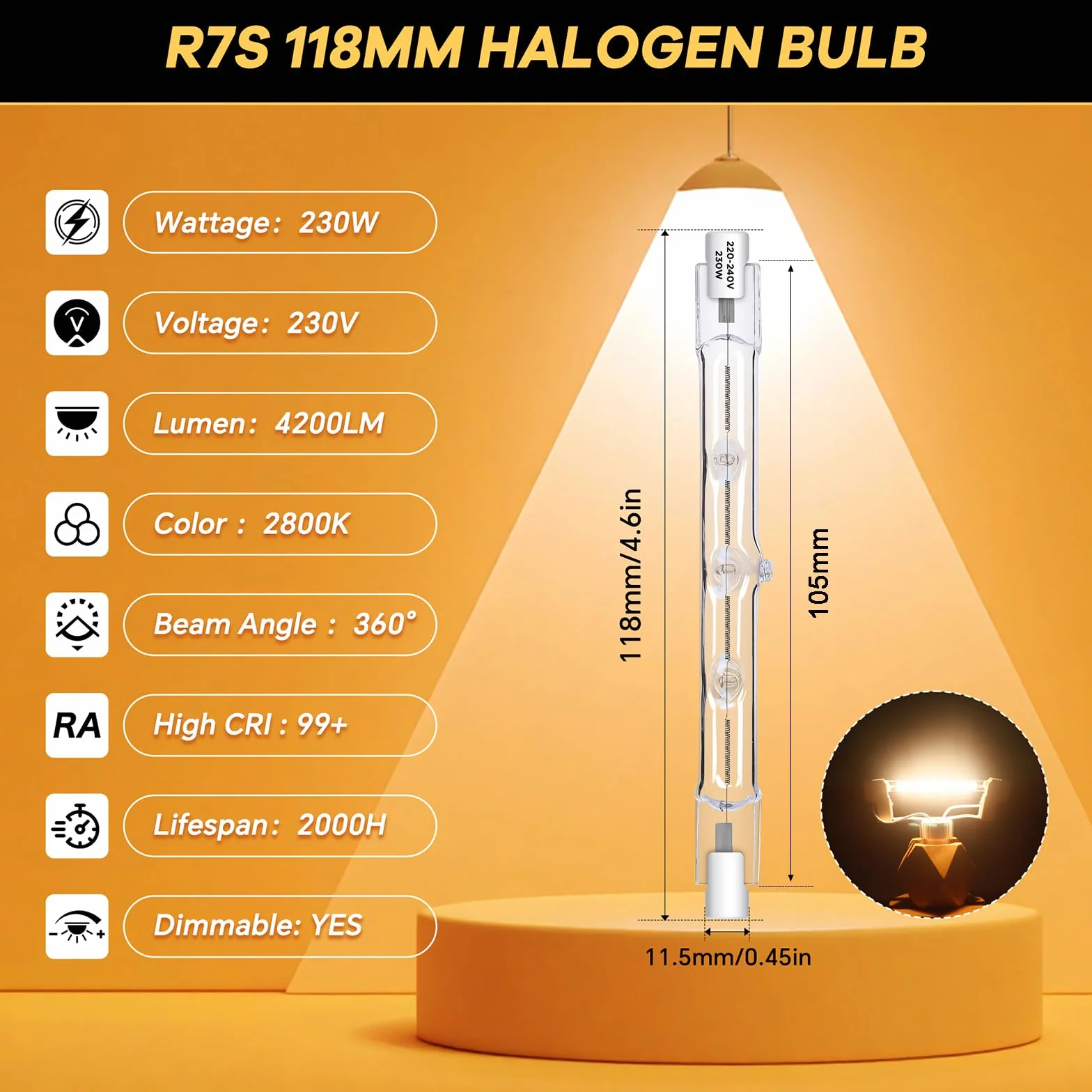 Ampoule Halogène R7S 118mm 230W 230V Dimmable 2800K Blanc Chaud Pack de 6
