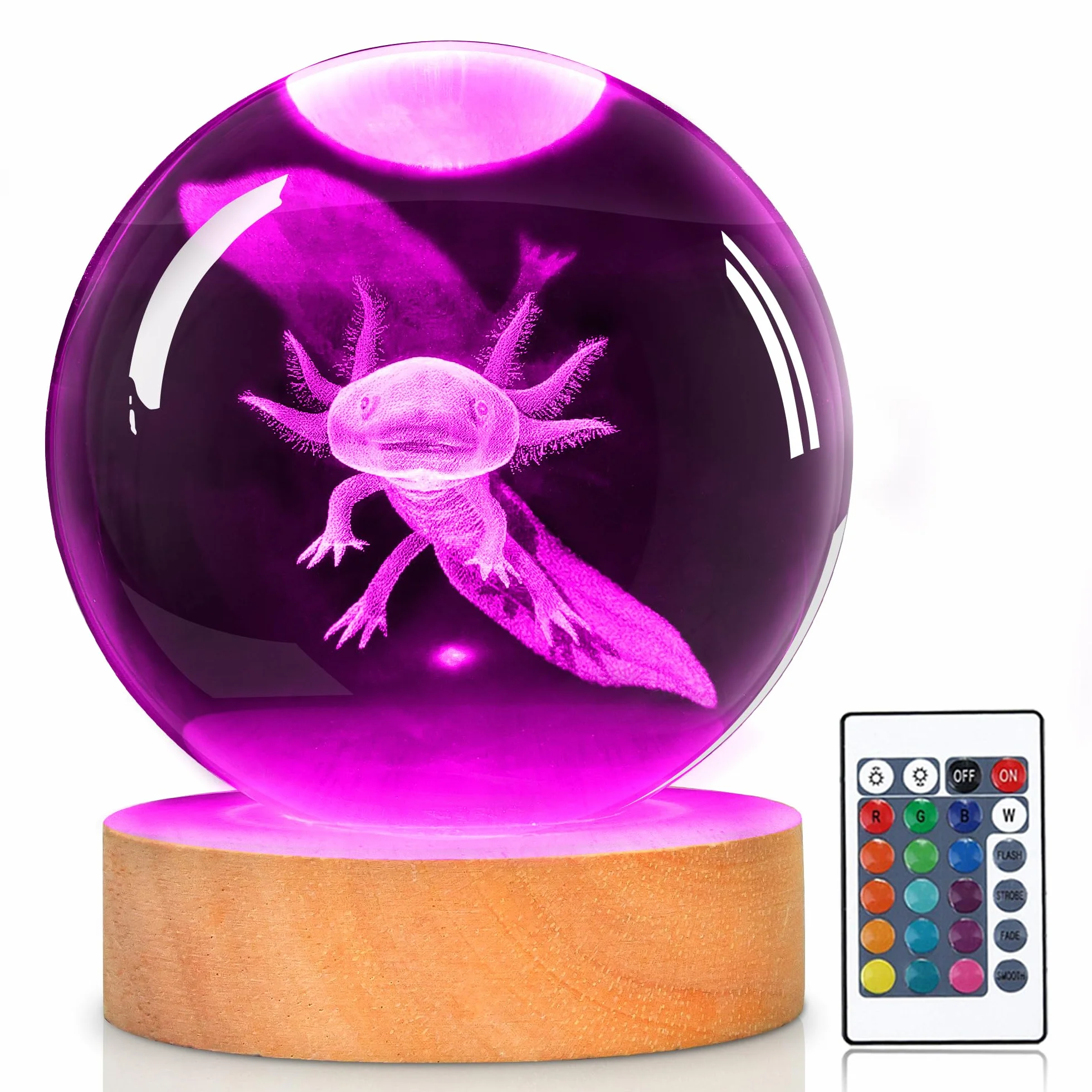 OkiyiD Veilleuse 3D Boule de Cristal Axolotl avec Télécommande, Lampe en Verre, Cadeau pour Enfants
