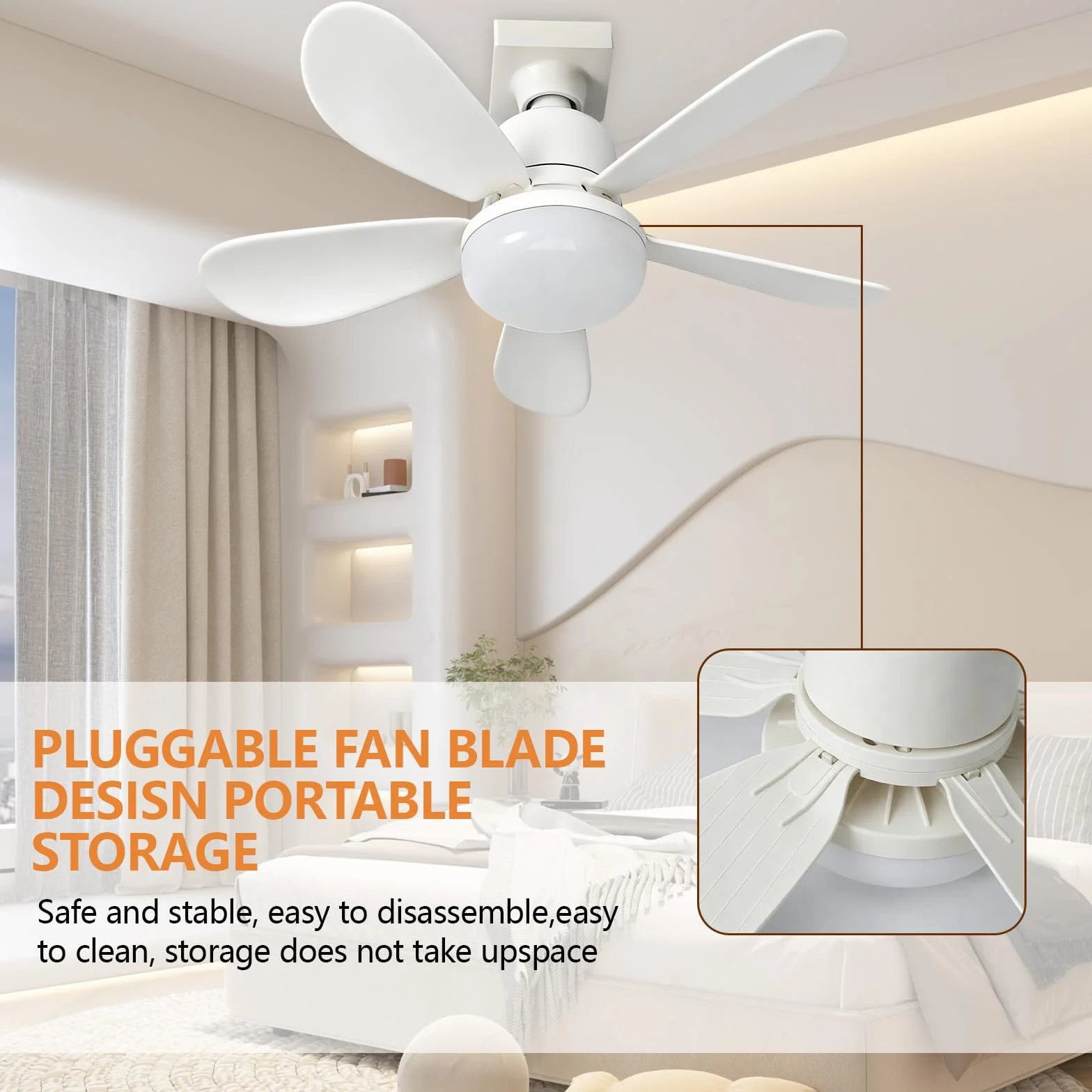 Ventilateur de Plafond 52CM avec Lumière LED E27 et Télécommande, 3 Vitesses 3 Couleurs, Silencieux pour Salon Chambre (Blanc + B22)