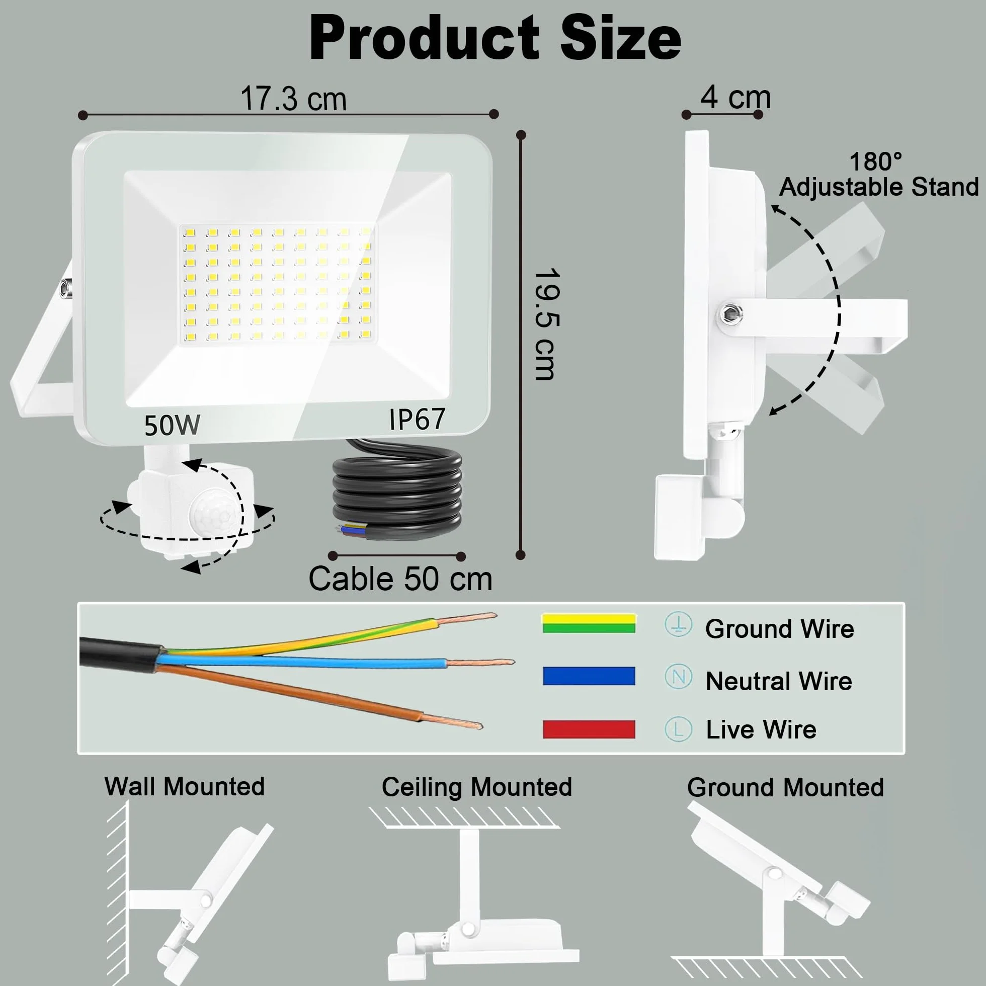 Projecteur LED Extérieur 50W Détecteur de Mouvement IP67 5000LM Blanc Froid 2 Pièces