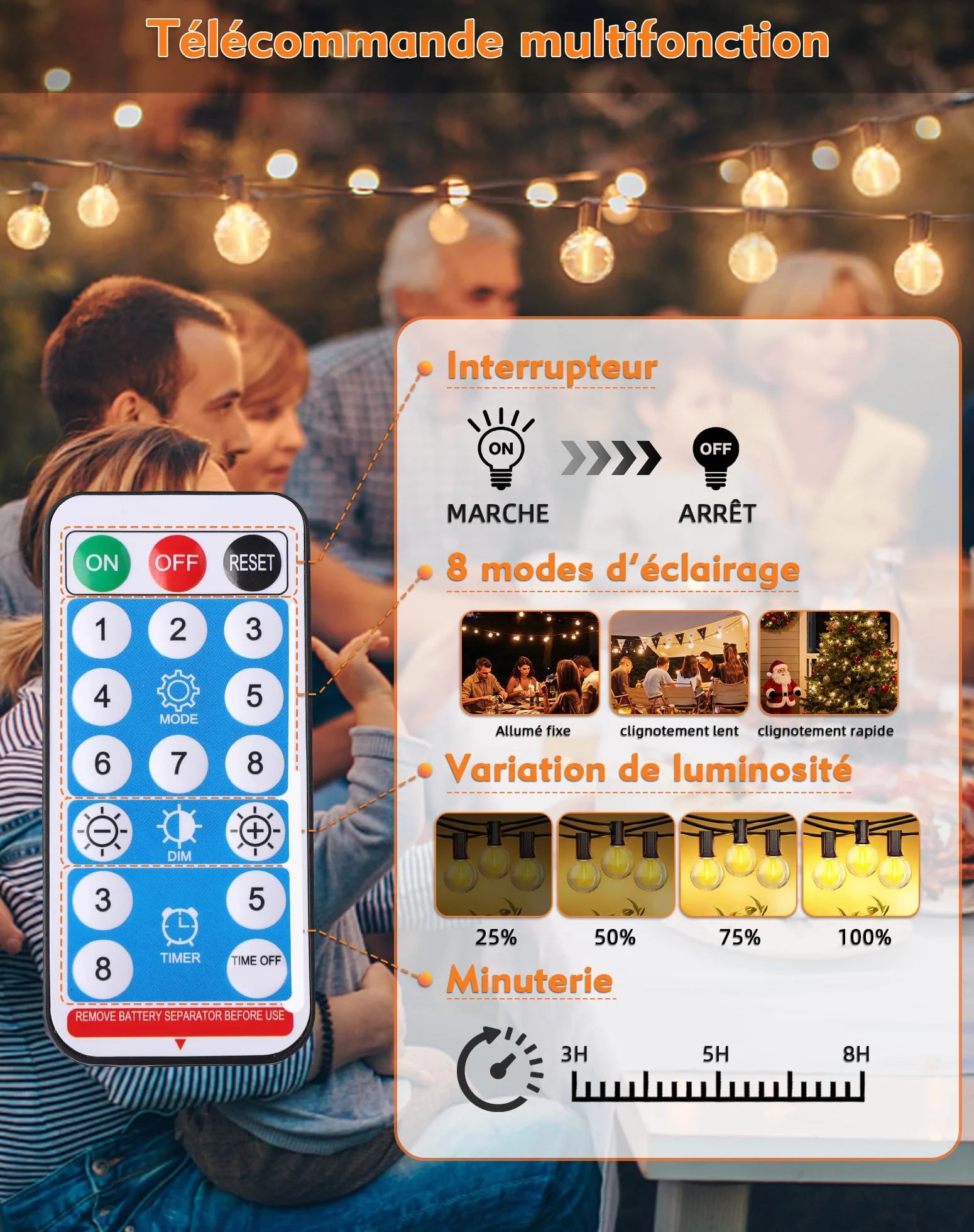 Guirlande Lumineuse Exterieure Solaire LED 10M 15+1 G40 Ampoules 8 Modes IP44 Télécommande