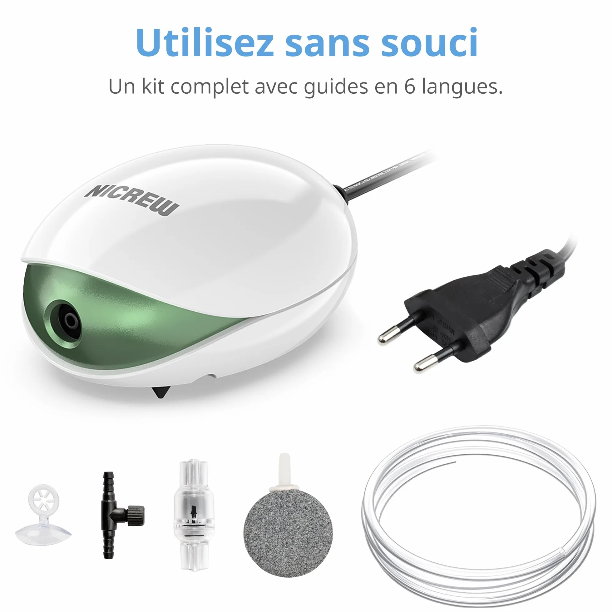 NICREW Pompe à Air Aquarium Ultra-Silencieux 150 L 1,7 W <35 DB avec Pierre à Bulles