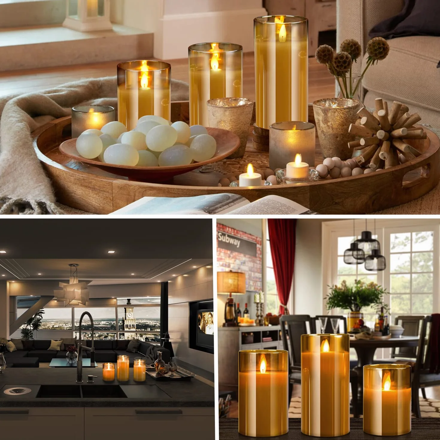 Bougies LED Sans Flamme 10-15cm Piliers Verre Doré avec Télécommande et Minuterie