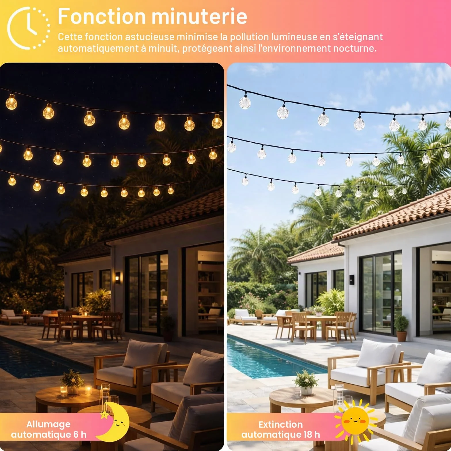 Guirlande lumineuse solaire d'extérieur 40 LED IP65 8 modes Blanc chaud