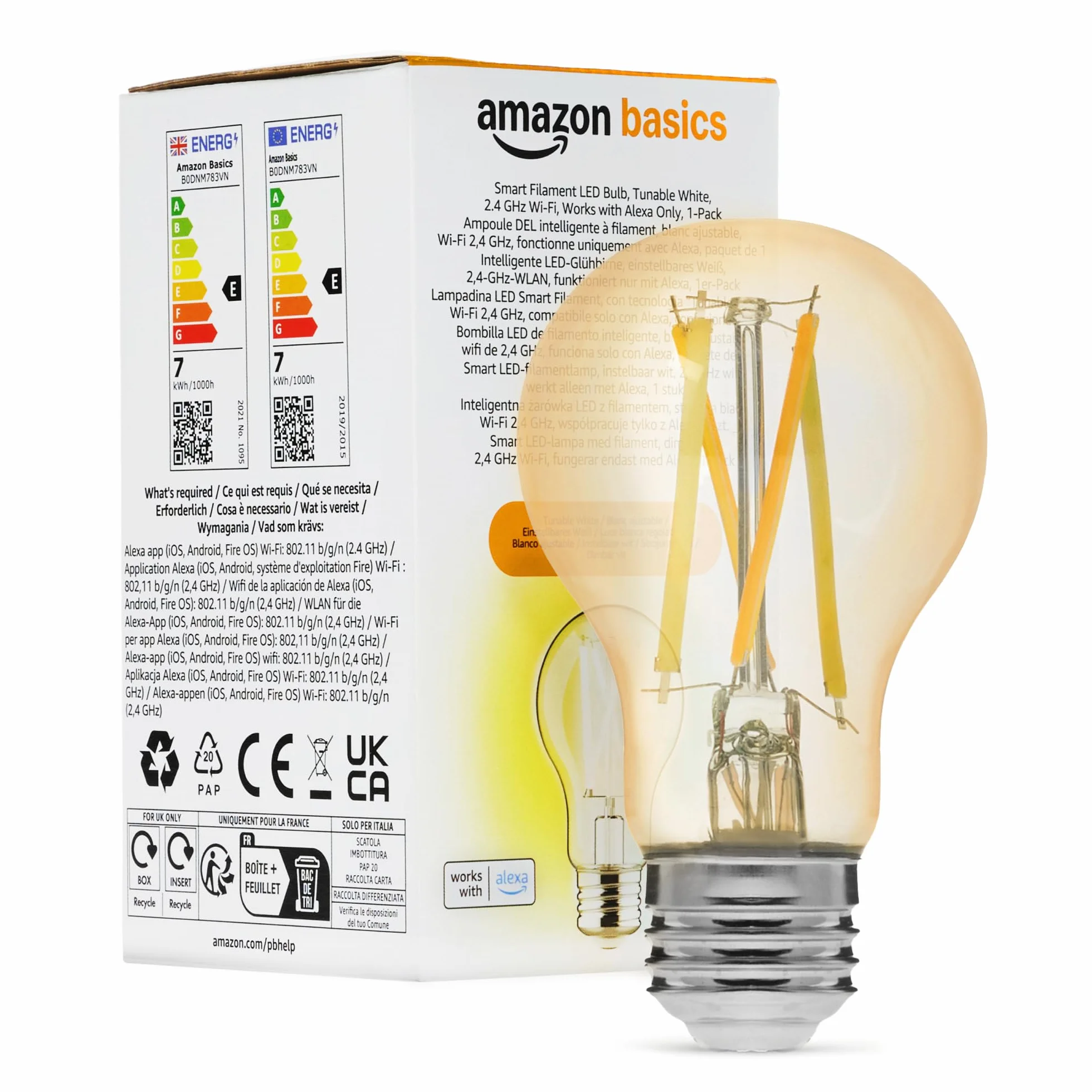 Amazon Basics Ampoule LED à Filament Connectée A60, Blanche Réglable, Wi-Fi 2,4GHz, Compatible Alexa, Lot de 1