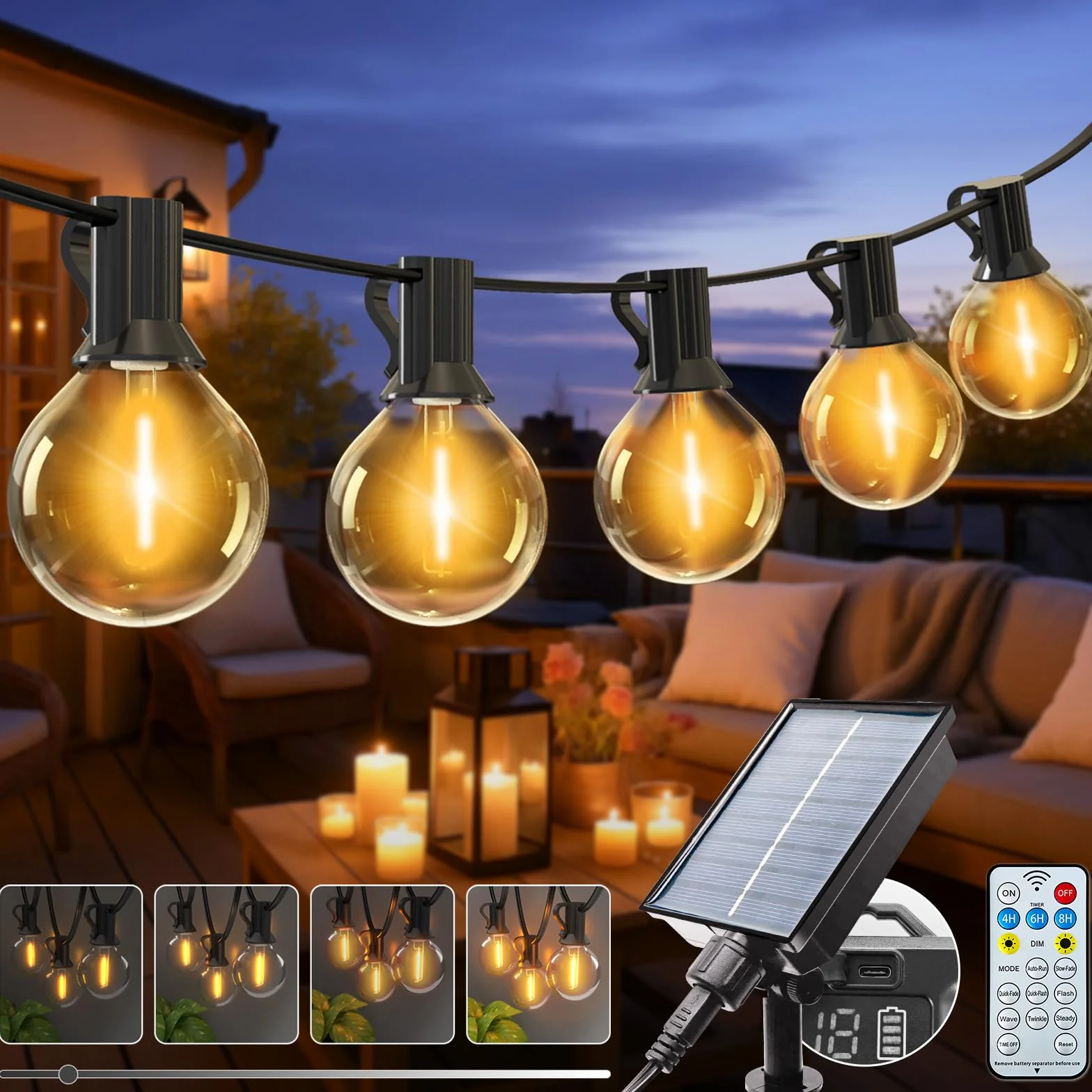 Guirlande Solaire Exterieur Dimmable 10M 8 Modes IP65 Étanche Lumiere Guinguette Jardin