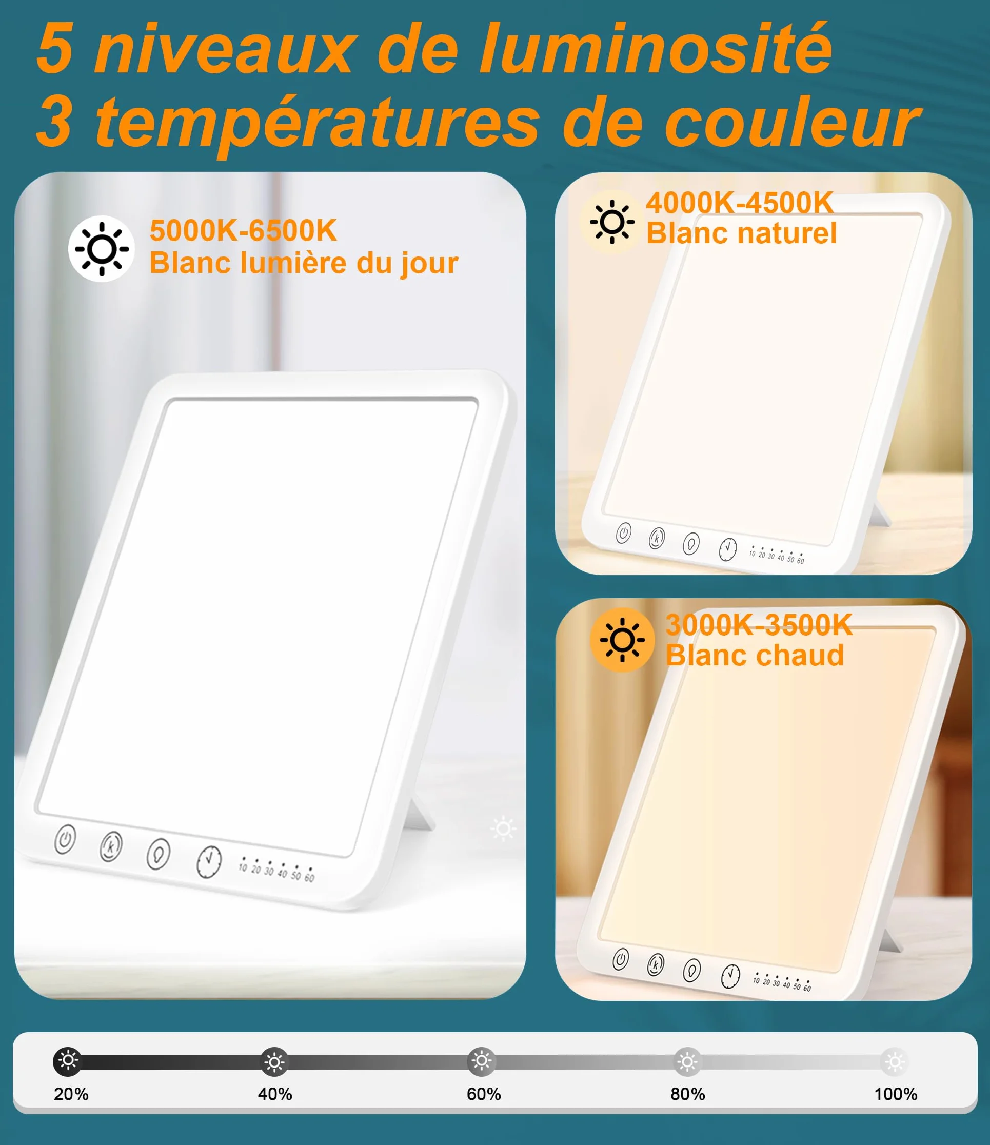 Lampe de Luminothérapie 15000 Lux, Simulation Lumière du Jour, 3 Températures de Couleur, 5 Niveaux de Luminosité, 6 Minuterie