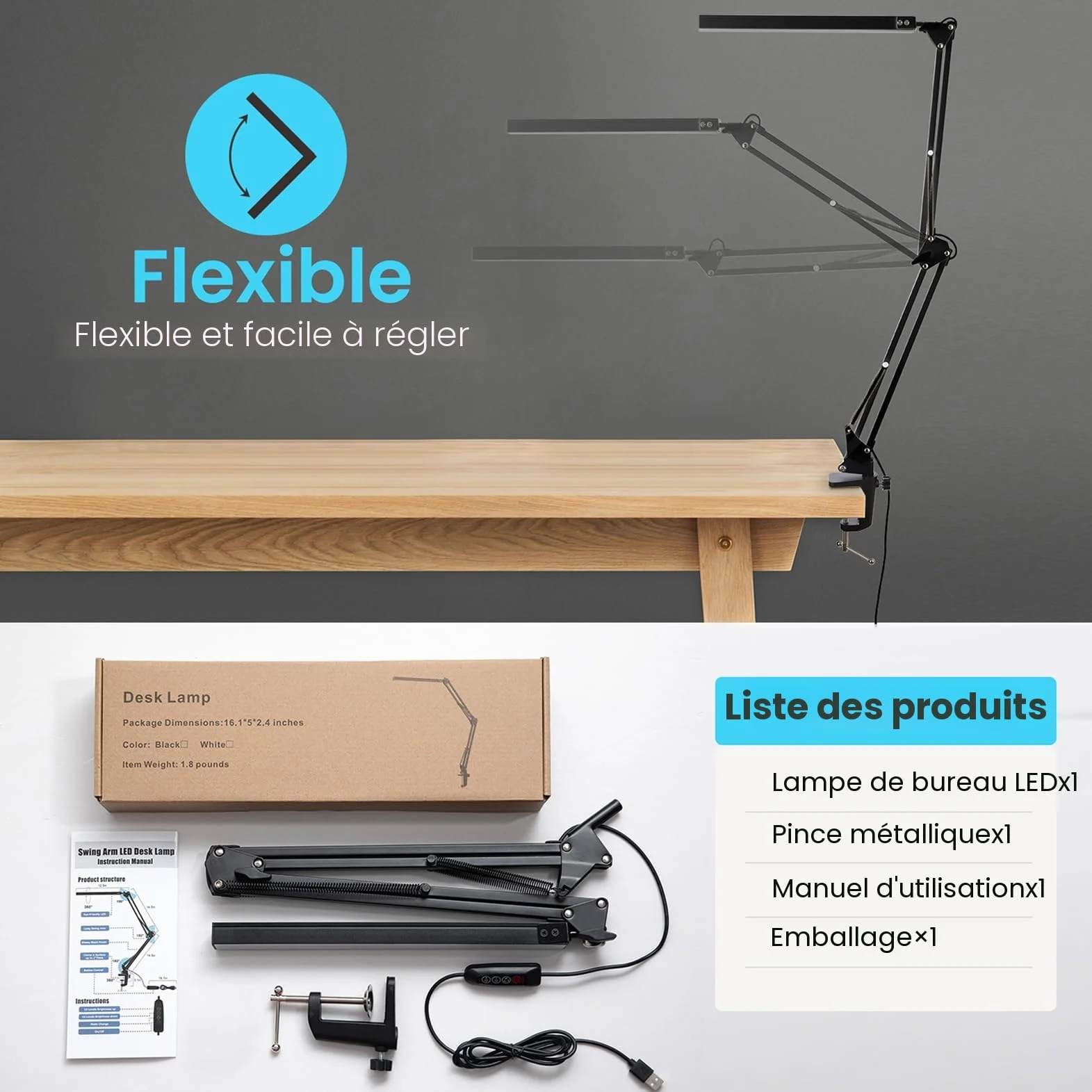 BIENSER Lampe de Bureau LED Architecte 14W Pliable avec Pince, 10 Niveaux de Luminosité x 3 Modes de Couleur, Réglable