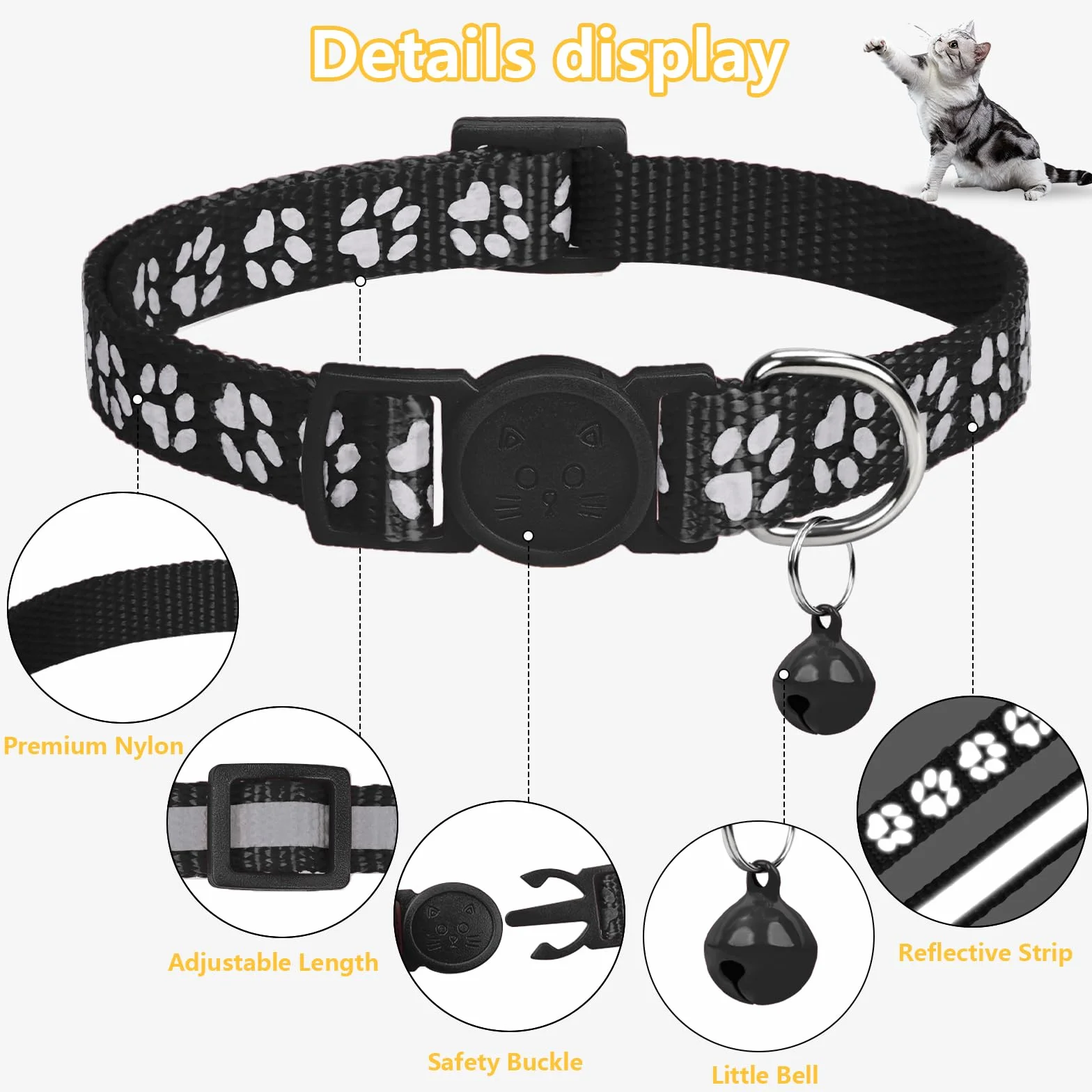Taglory Collier Chat Anti Étranglement Réfléchissant 2 pcs Réglable 19-32cm Noir