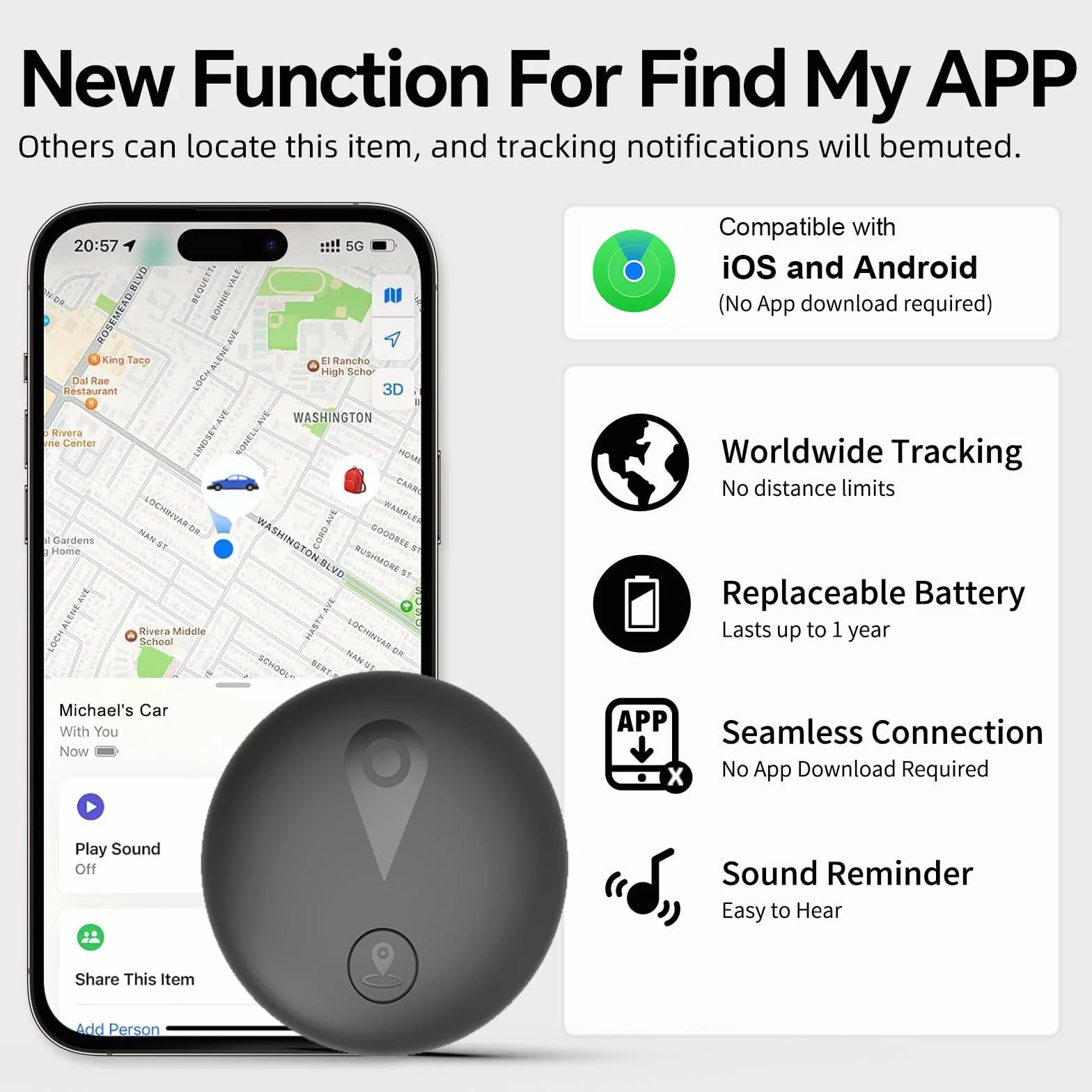 Collier GPS Chat Traceur sans Frais Mensuels Compatible iOS Android Suivi Temps Réel Batterie Longue Durée Étanche Noir