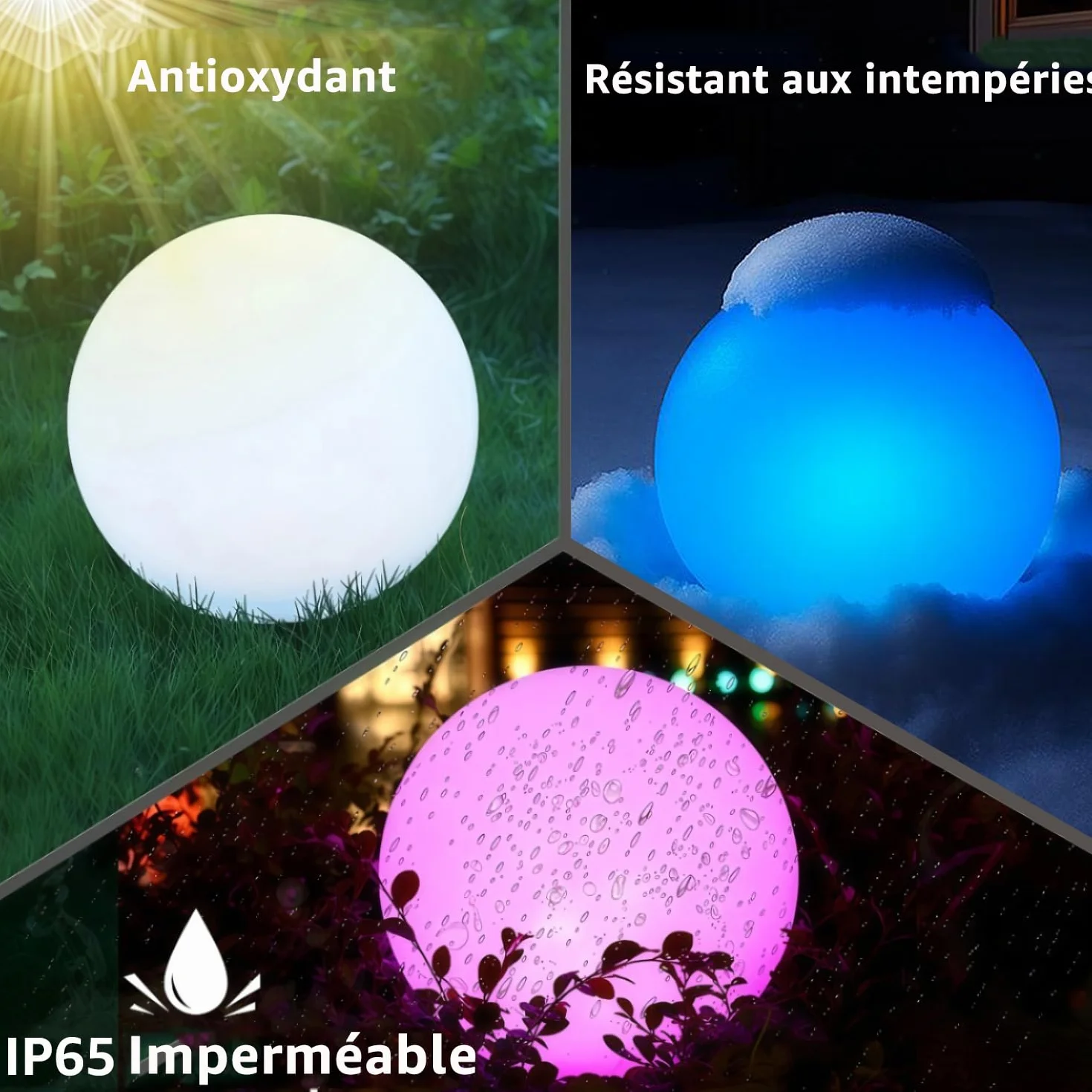 MR.GO 16" Imperméable Jardin Boule Lampe LED Changement de Couleur Rechargeable avec Télécommande 16 Couleurs