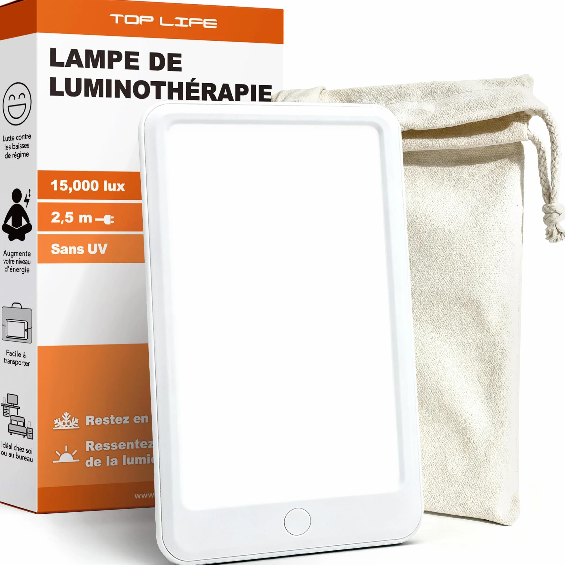 Lampe de Luminothérapie 15000 Lux Sans UV, 3 Niveaux d'Intensité, Design Compact Portable LED