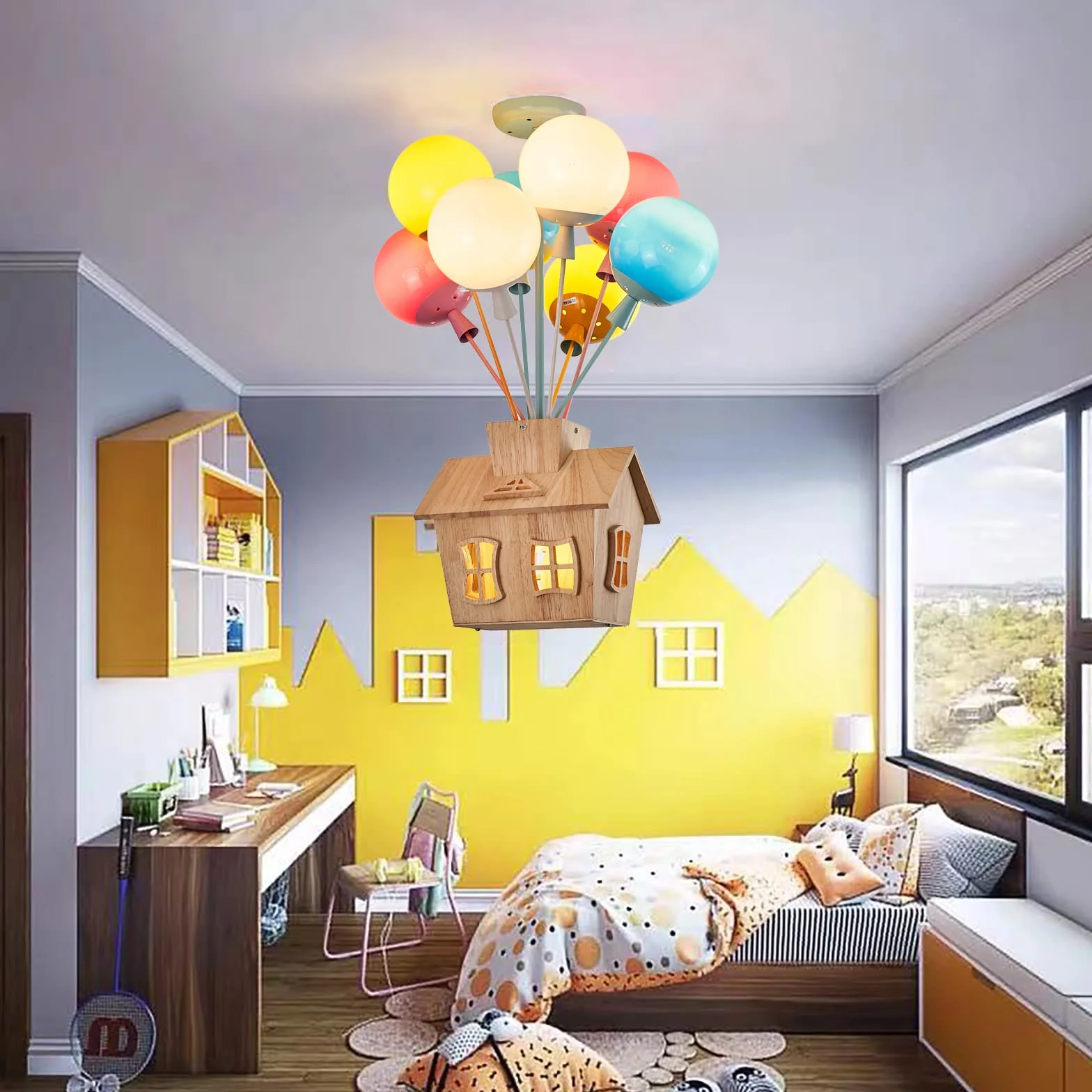 Lustre Moderne Plafonnier Enfant LED Bois Télécommande Ballon Verre Rond Chambre