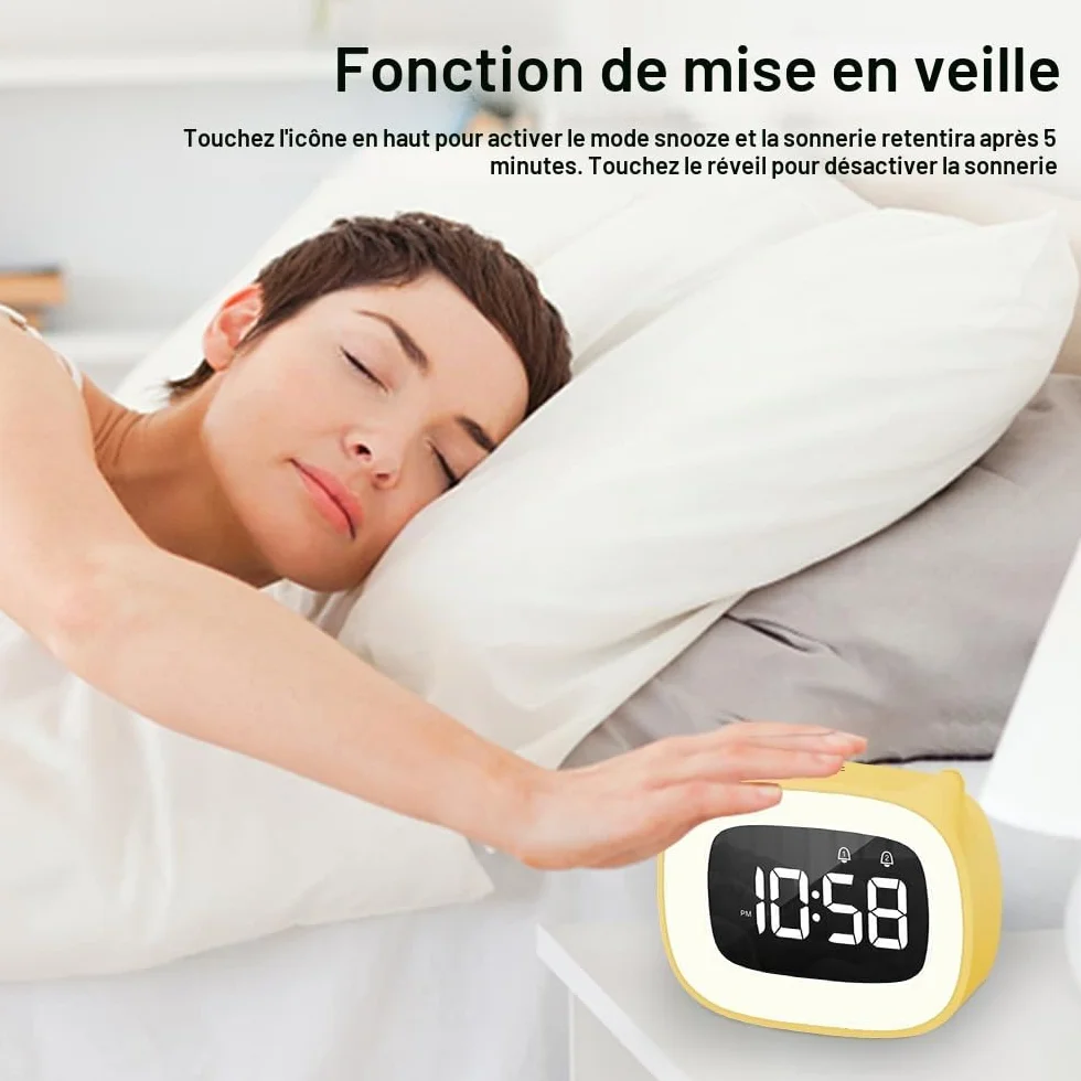 Réveil Enfant Éducatif avec Veilleuse Chat, Lampe Chevet Snooze, 5 Couleurs, 18 Musiques (Jaune)