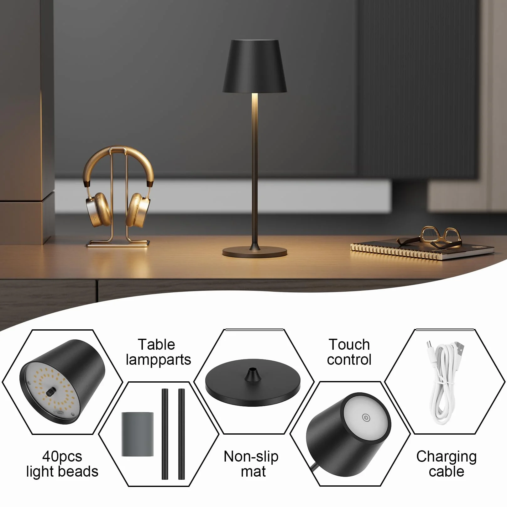 Lampe de table LED sans fil rechargeable 3000K IP54 réglable en hauteur Noir