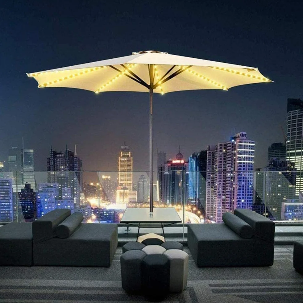 FTVOGUE Éclairage de Parasol Solaire 104 LED 8 Modes Guirlande Lumineuse pour Patio Extérieur (blanc chaud)