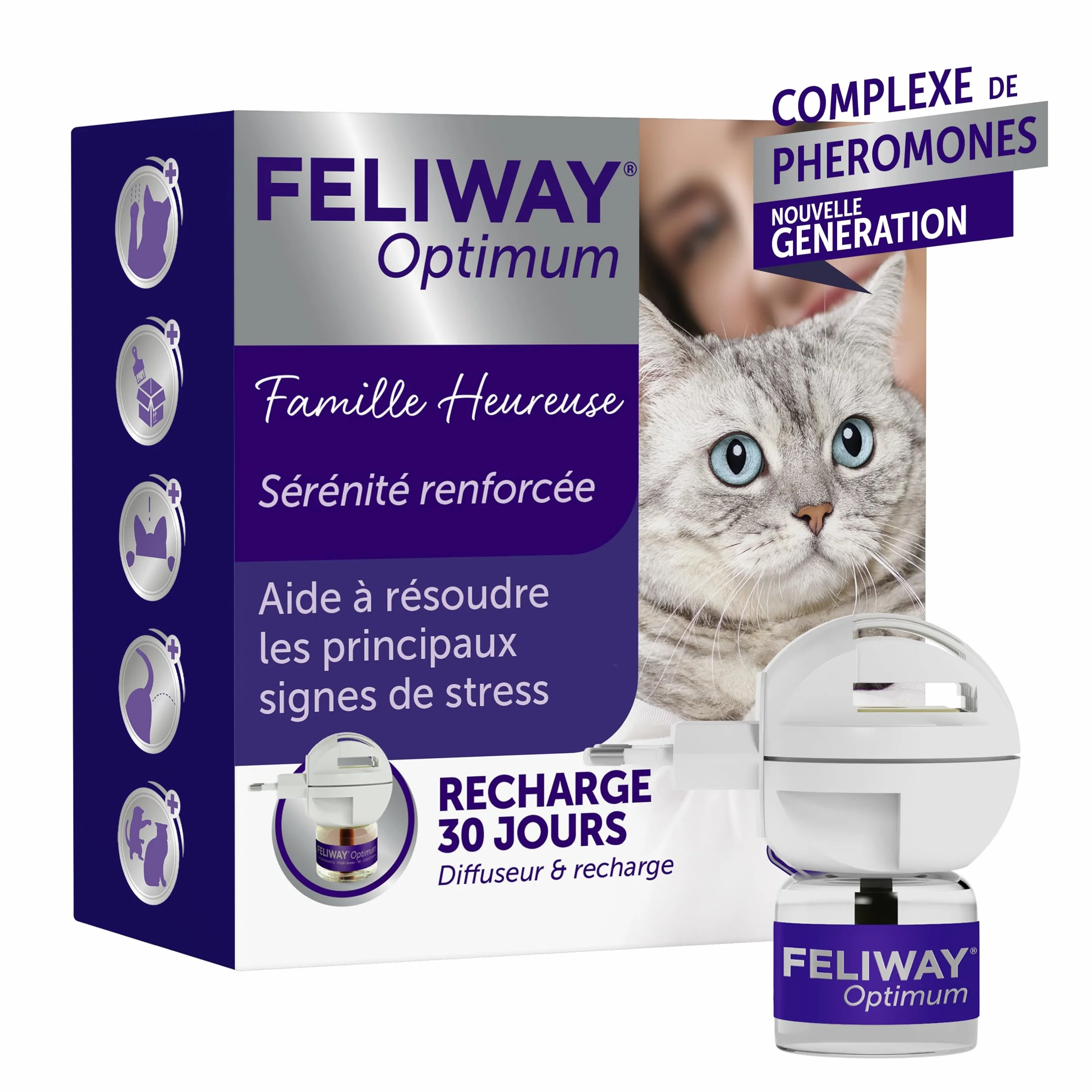 FELIWAY Optimum Diffuseur + Recharge 30 Jours Complexe Phéromones Apaisantes Anti-Stress Chat