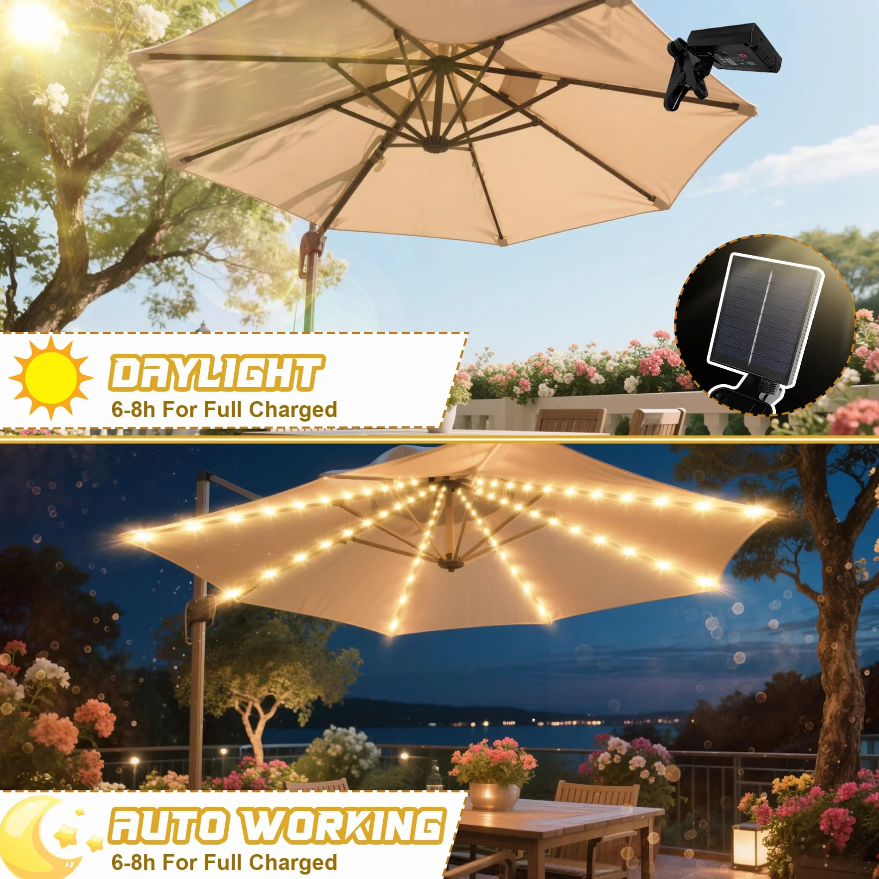 VEEKAY Lumières Solaires De Parapluie 104 LED 8 Modes Avec Télécommande