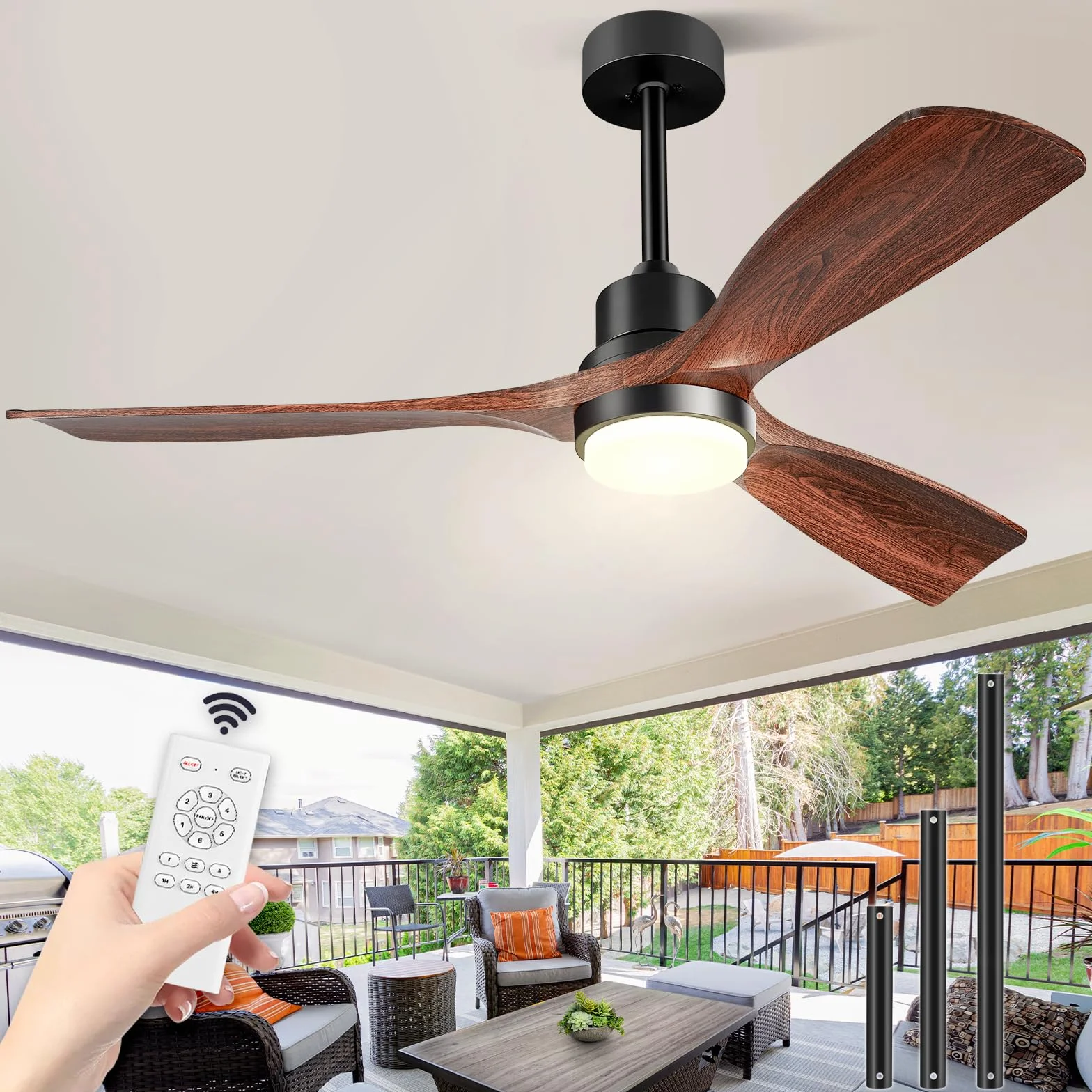 Ventilateur de plafond 132 cm avec lumière télécommande moteur DC réversible silencieux 3 pales bois design moderne