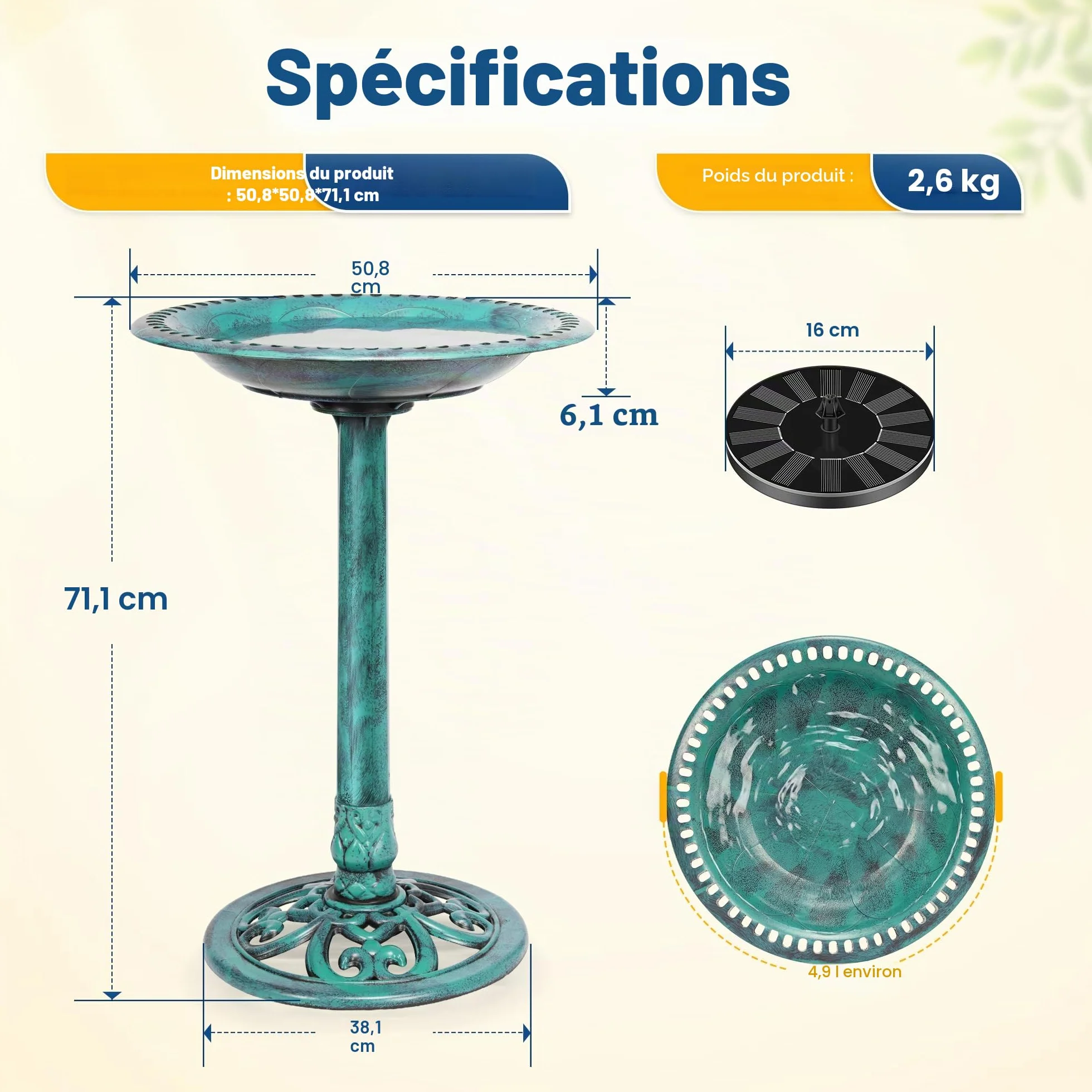 VIVOHOME Bain d'oiseaux avec Fontaine Solaire Antique pour Extérieur Jardin Vert