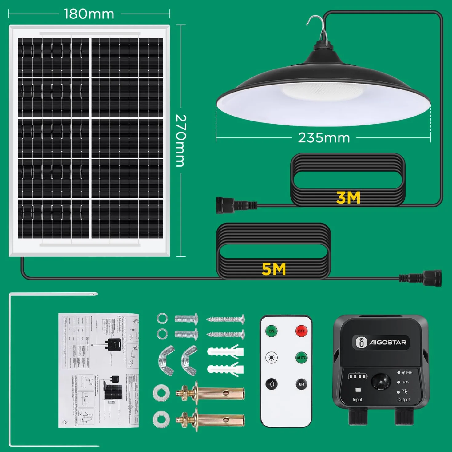 Lampe solaire extérieure 70W IP65 avec détecteur de mouvement et télécommande Aigostar