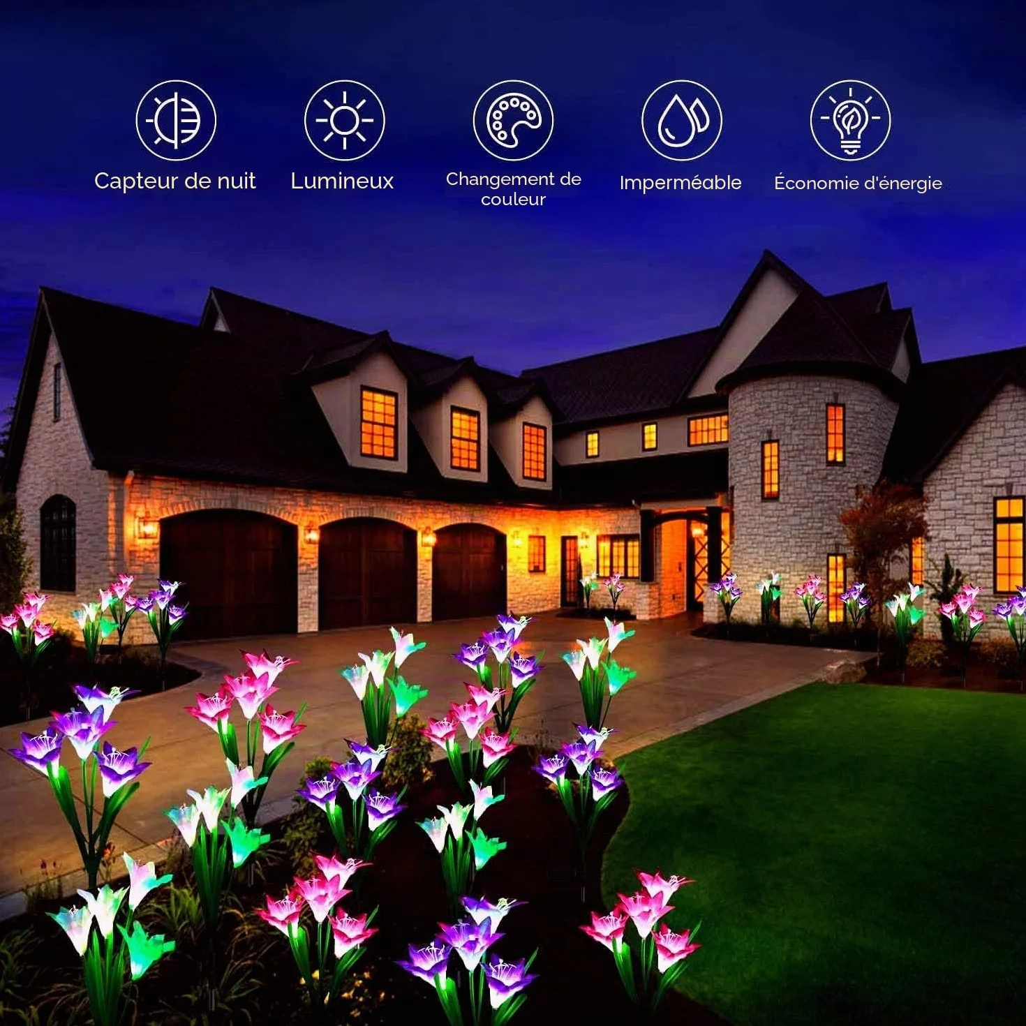SOLARBABY lampes solaires extérieur jardin IP65 étanche Lot de 4 fleurs lys couleurs changeantes