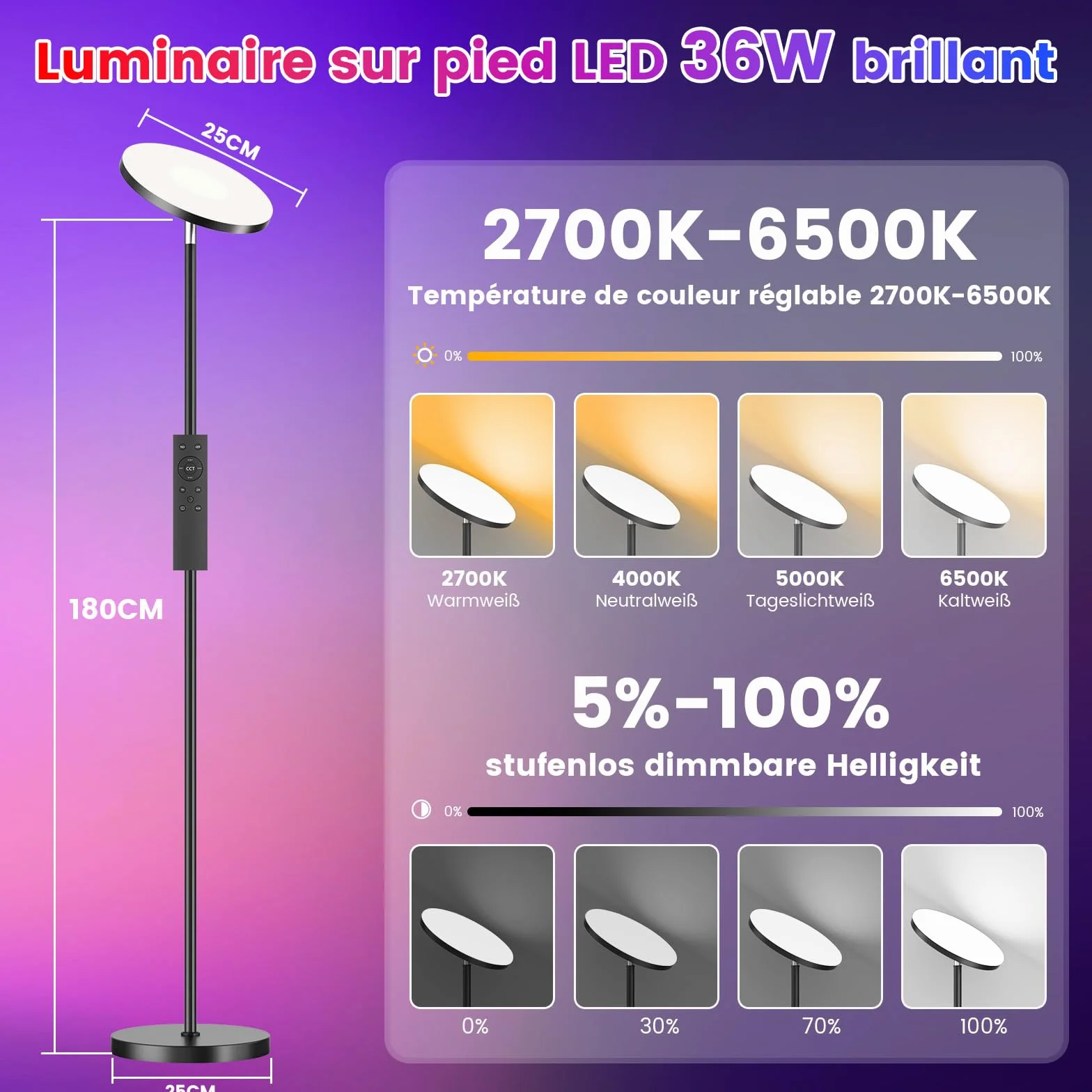 Lampadaire sur Pied LED 36W 3000LM Dimmable 2700K-6500K RGB Télécommande Contrôle Tactile