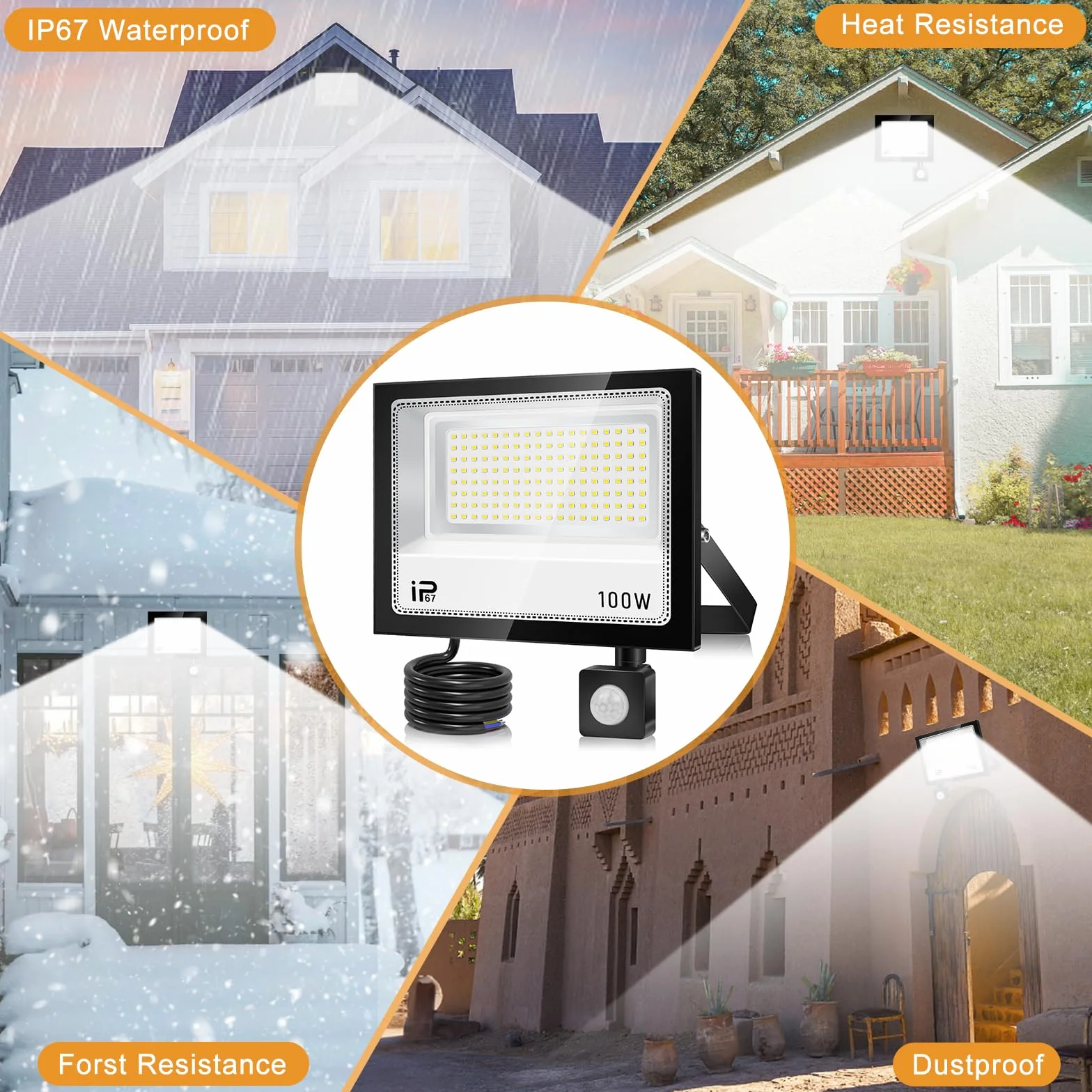 Projecteur LED 100 W extérieur 10 000 lm 7000 K IP67 avec détecteur de mouvement télécommande blanc froid