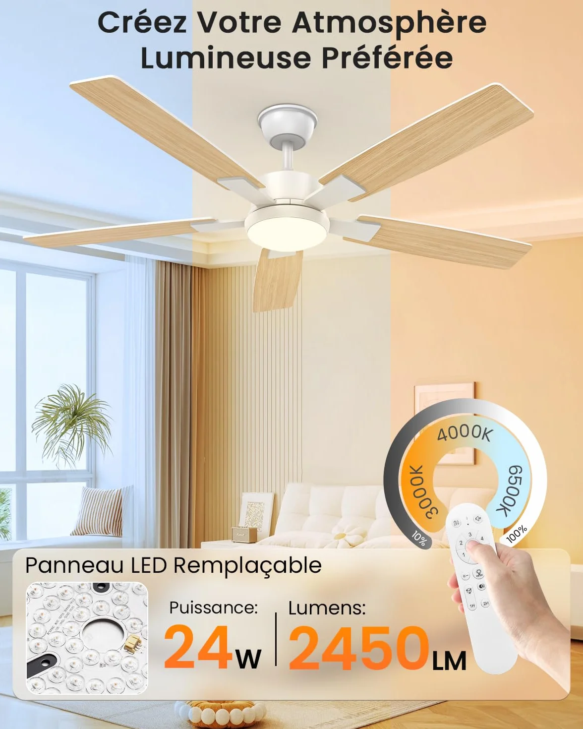 Ventilateur Plafond avec Lumiere 132cm Silencieux Reversible 2 Couleurs Pales LED Telecommande Exterieur