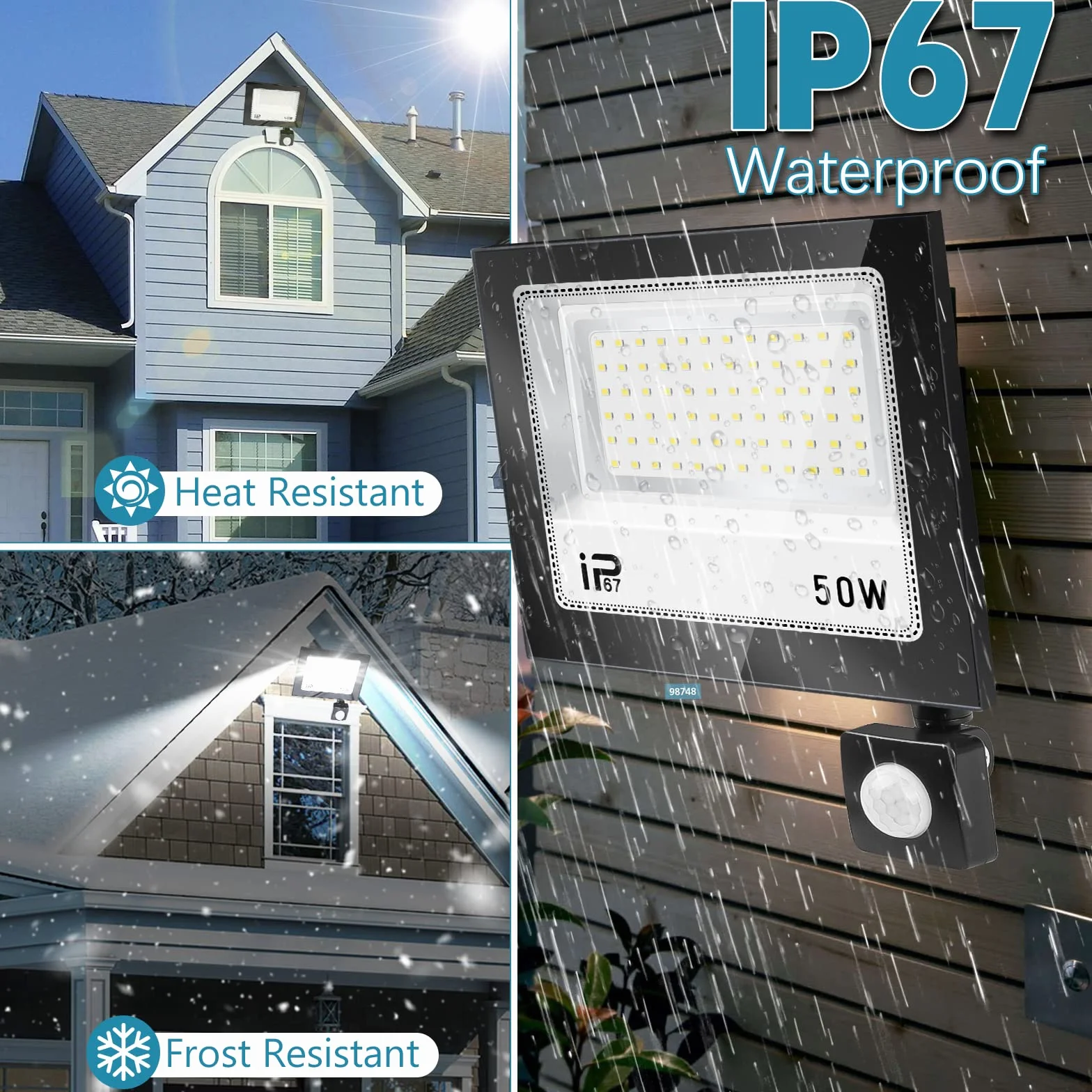 Projecteur LED Exterieur 50W 5000LM 7000K IP67 Etanche Detecteur de Mouvement 72 LEDs