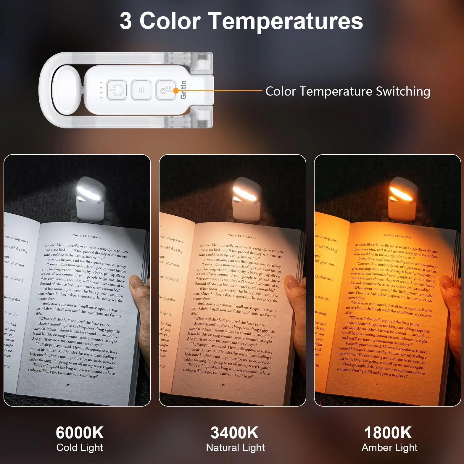 Gritin Lampe de Lecture Rechargeable 3 Couleurs Protection des Yeux 5 Réglages de Luminosité Tête Rotable 90°