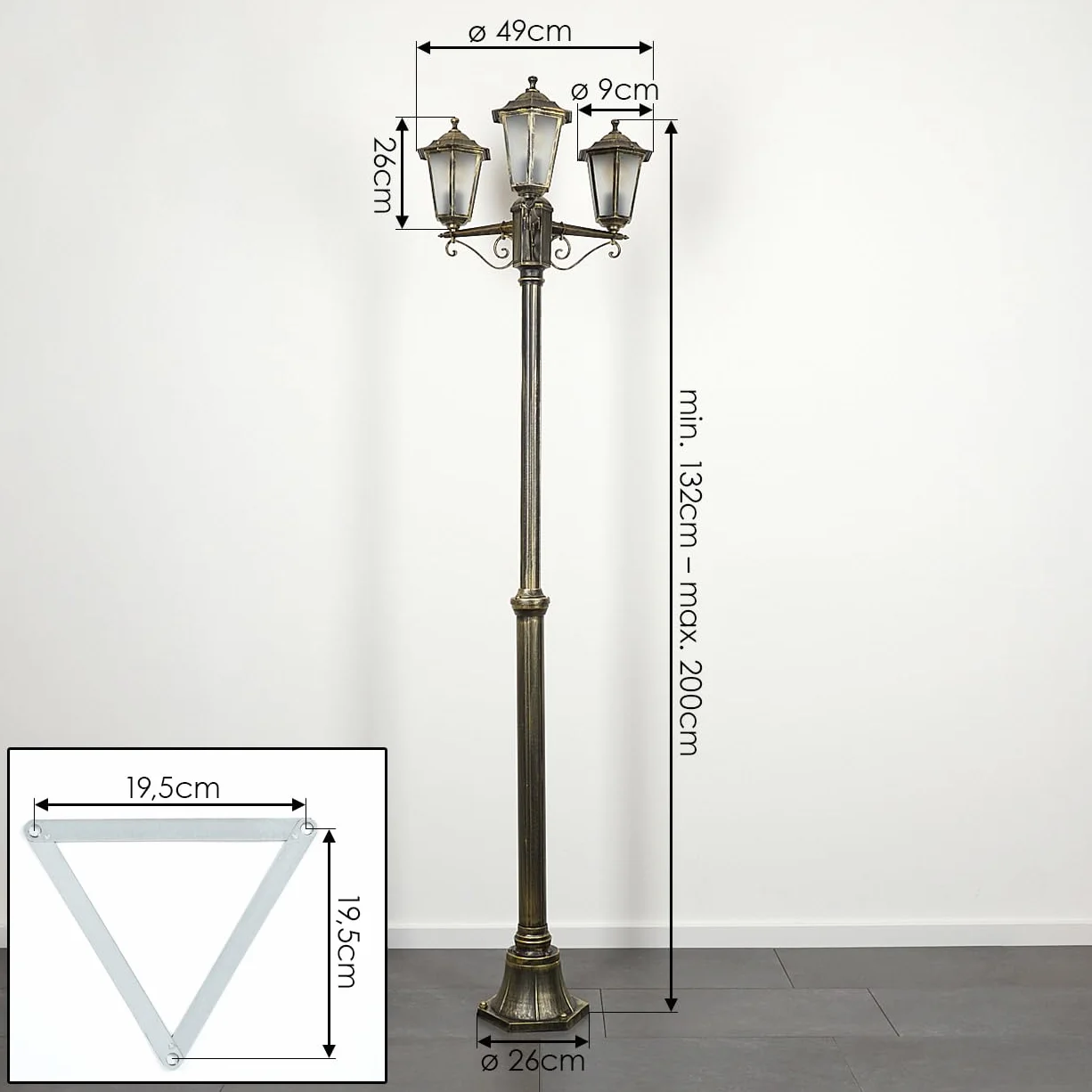 Lampadaire Loria métal verre doré marron verre dépoli antique vintage jardin terrasse 200 cm 3x E27 IP44
