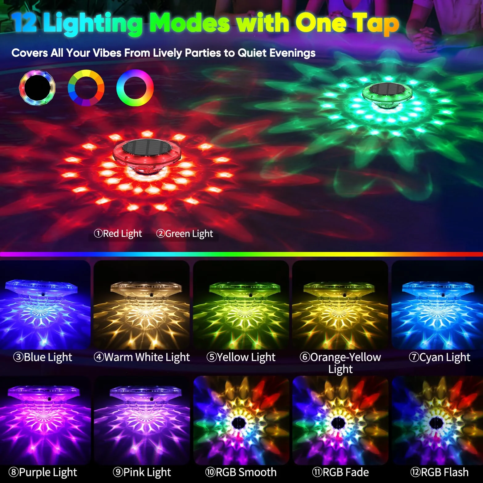 Quntis Lampe Flottante Piscine Solaire IP68 12 Modes RGB Minuterie LED Sans Fil Lot de 2