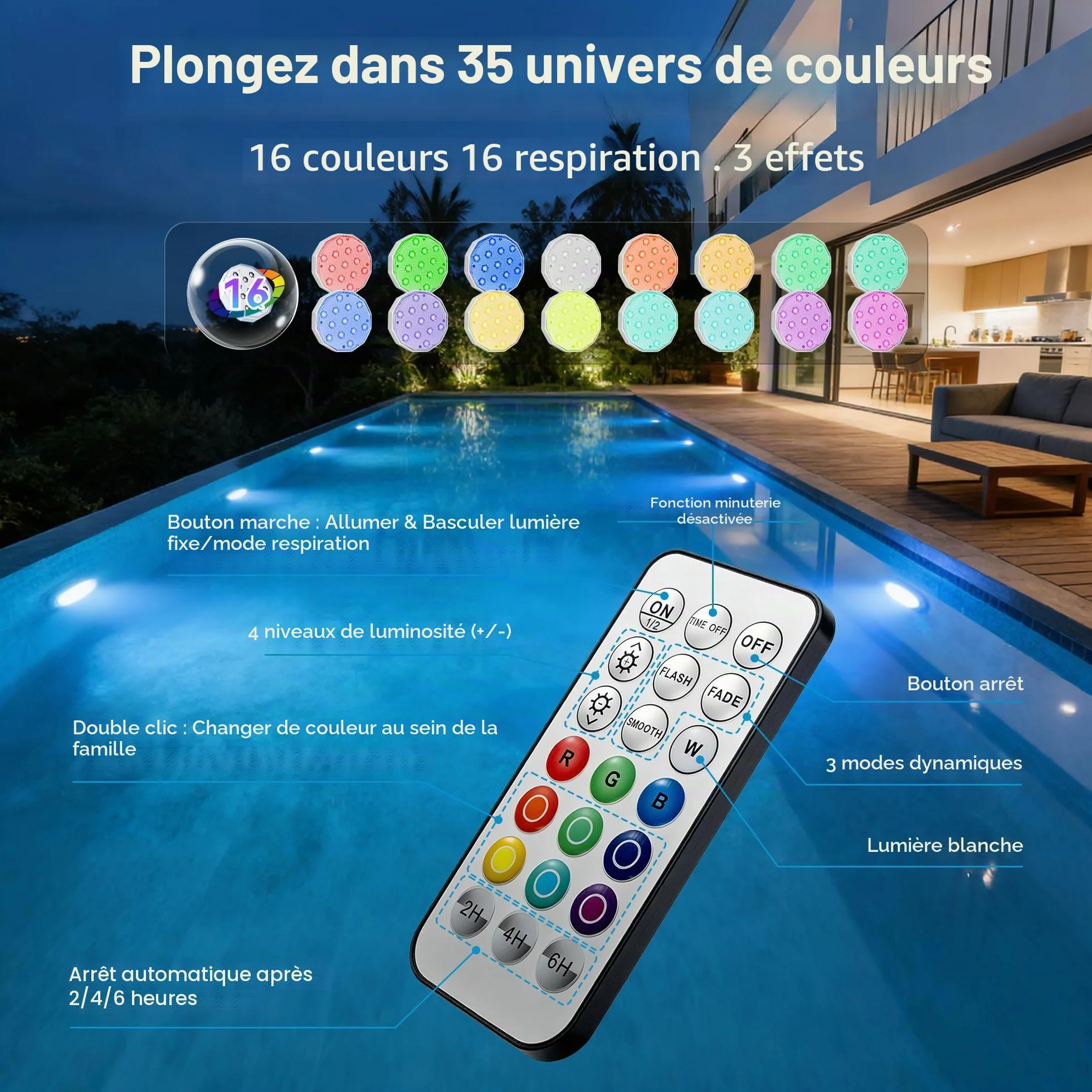 Ollny Lampe de Piscine Magnétique LED RGB Submersible Rechargeable IP67 avec Télécommande