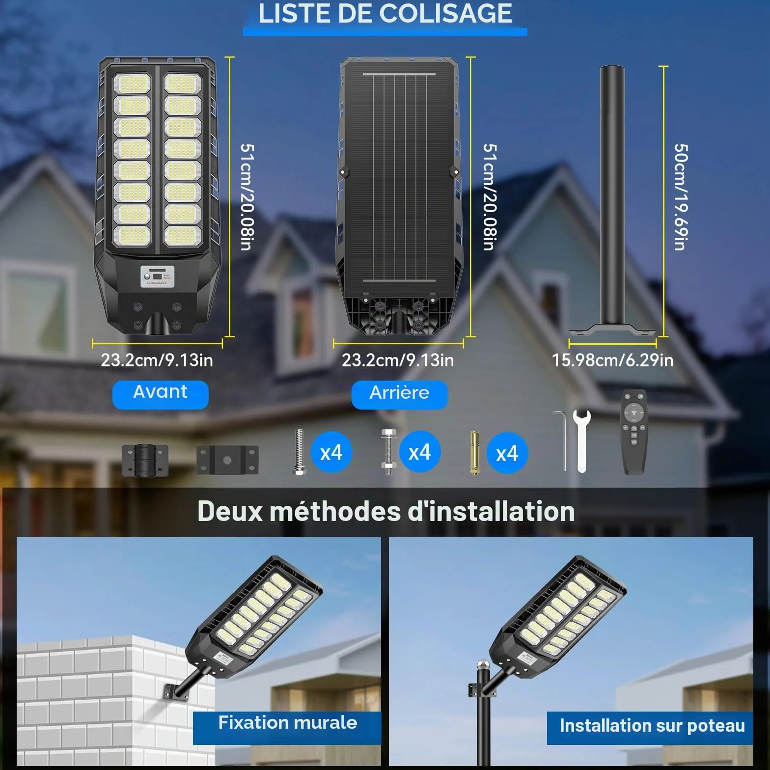 Adewalk 800W lampadaire solaire extérieure IP66 avec télécommande et capteur de mouvement 6500K LED