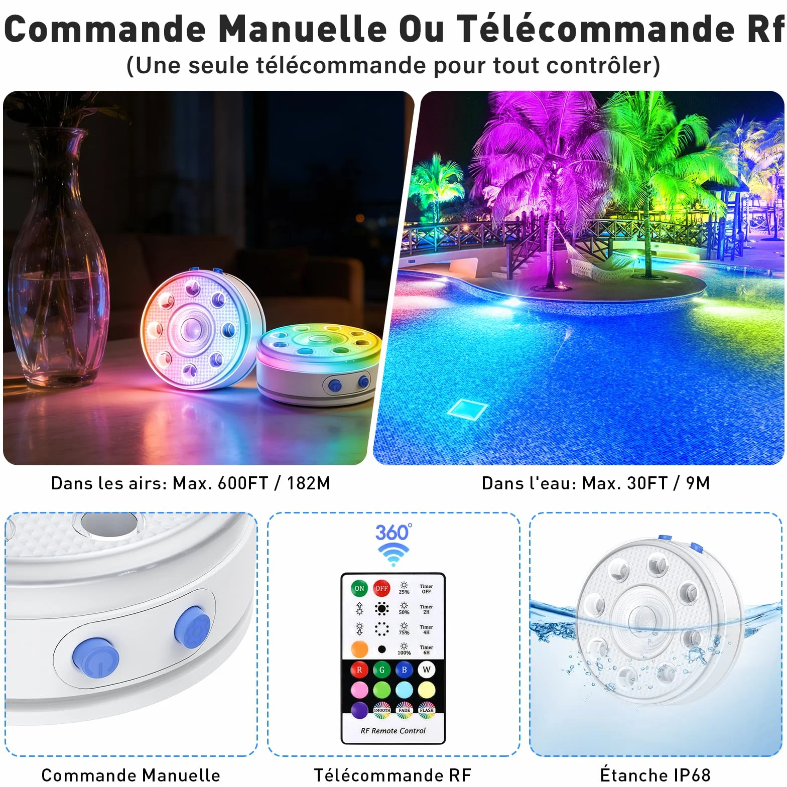 Lumiere Piscine LED RGB Submersibles Rechargeables IP68, 2 Lampes avec Télécommande, Éclairage Magnétique Flottant