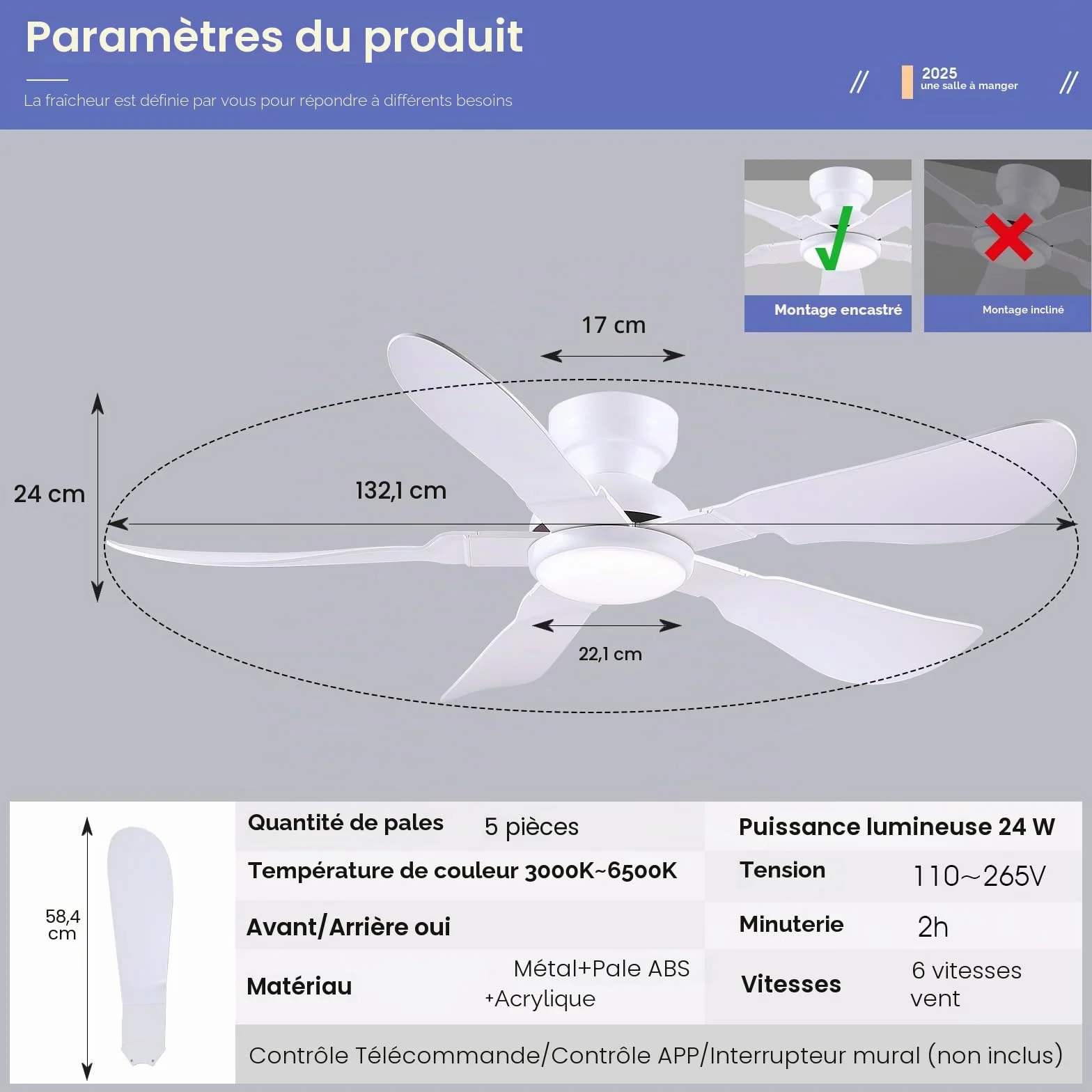 Ventilateur de plafond moderne 132 cm avec lumière, télécommande et APP, 5 pales réversibles, 6 vitesses, 3 températures de couleur dimmables, blanc
