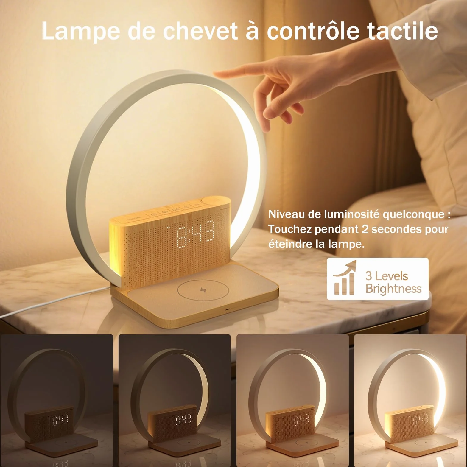 Réveil lumineux lampe de chevet rechargeable variateur tactile 10 sons naturels