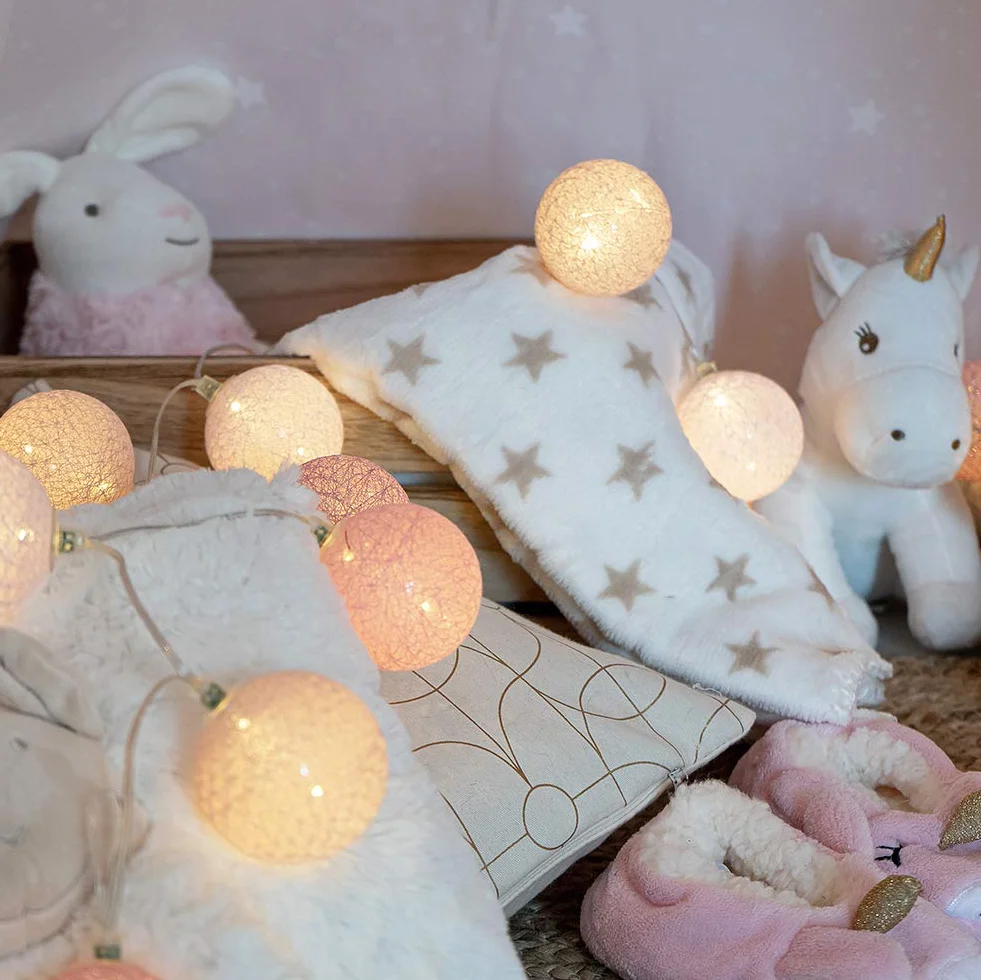 GuirLED Guirlande lumineuse boules coton LED USB Veilleuse bébé 2h Adaptateur double USB 2A 3 intensités 16 boules 1.6m Princesse