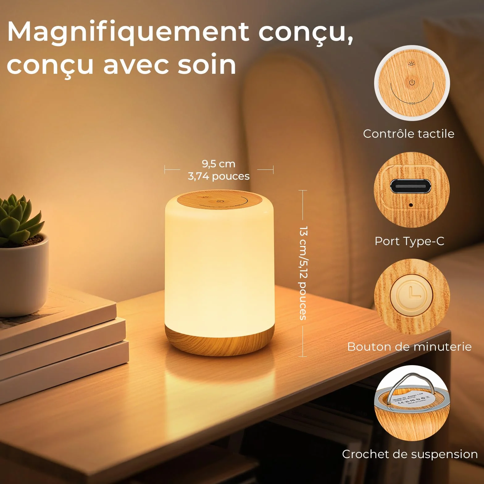 VIWAVE Lampe de Chevet Tactile, Veilleuse Bébé 256 Couleurs RVB 3 Modes Minuteur, Lampe de Table Rechargeable Sans Fil