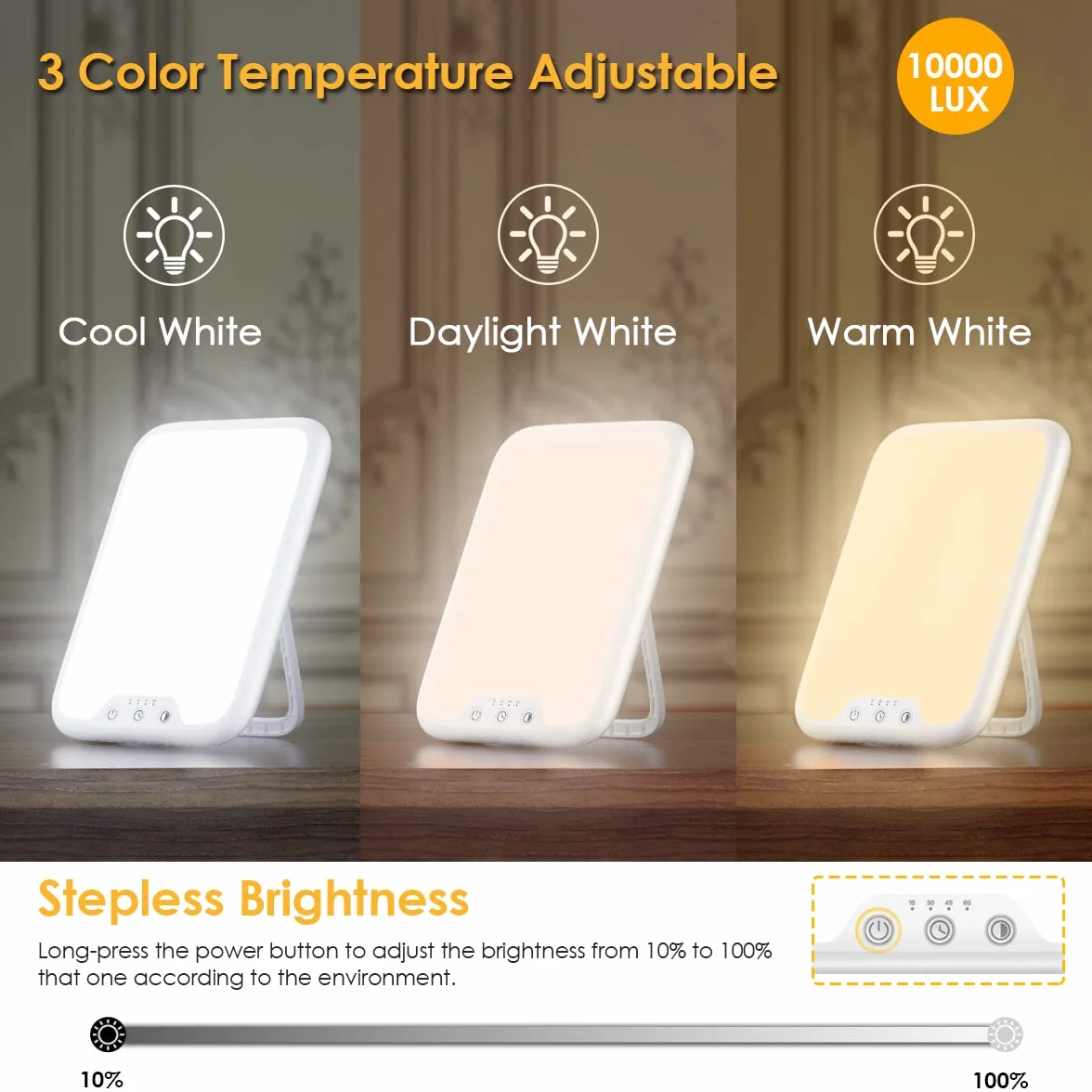 Lampe de luminothérapie 10000 Lux, 3 Températures de Couleur, Fonction Mémoire, Minuteur, Réglable en Continu