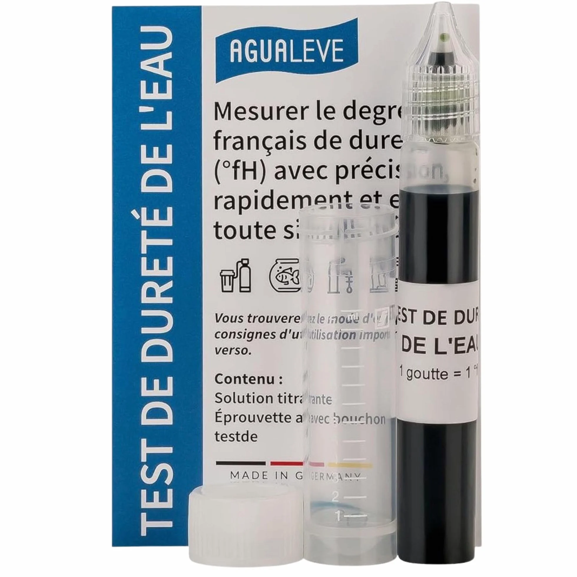 AGUALEVE® Test de dureté de l'eau 25-200 mesures 1x15ml Made in Germany