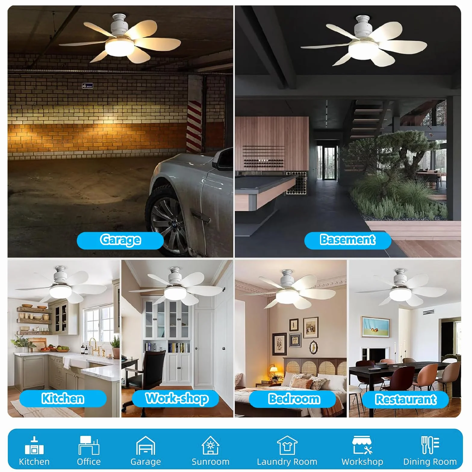 VHV Ventilateur de Plafond avec Lumière LED Dimmable 40W E27, 6 Pales, 3 Vitesses, Silencieux, Blanc