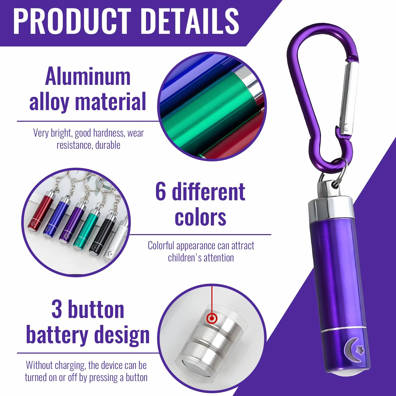 Mini Lampe de Poche LED en Aluminium 12 Pièces avec Porte-Clés Portable pour Enfants Cadeau Extérieur Voyage Camping 6 Couleurs